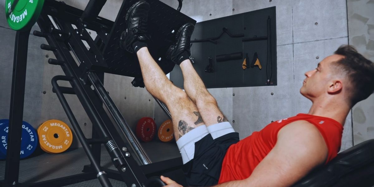 Leg Extension Alternatives for Stronger Quads: athlete performing a 45-degree leg press on a MEGASTAR machine with weight plates, emphasizing quad-focused training.