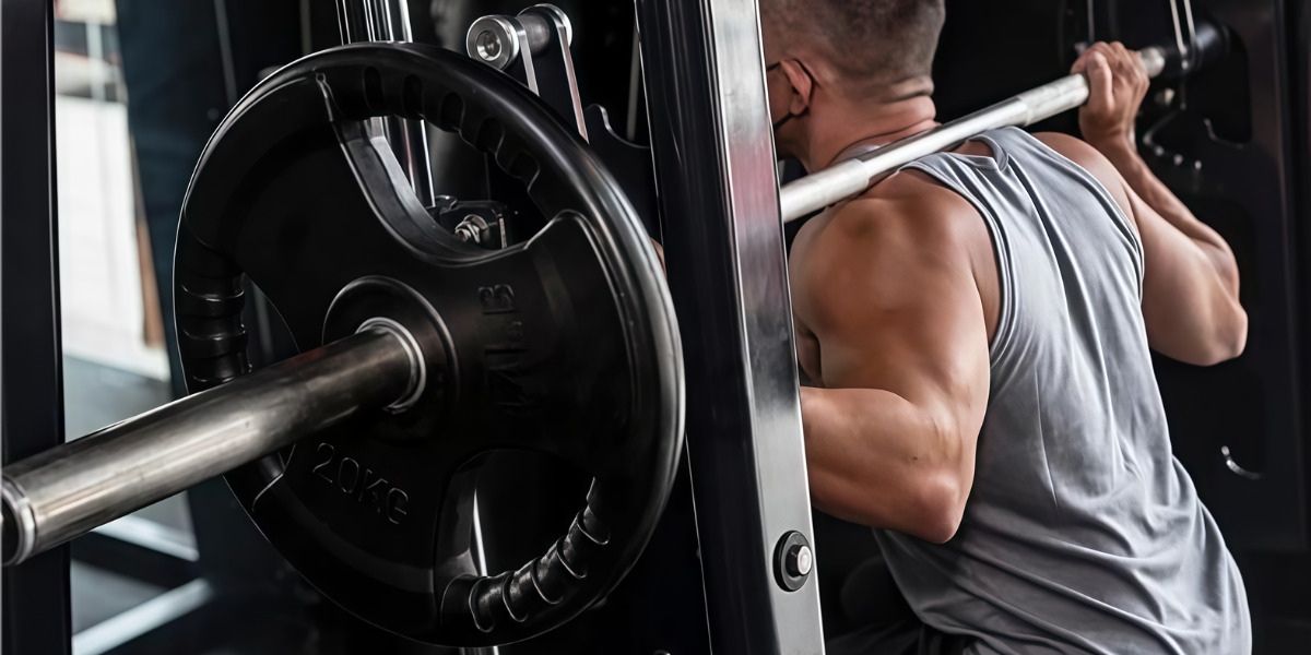 Man squatting on a Smith machine with a loaded barbell, illustrating Progressive Overload through controlled reps and incremental weight increases in a gym.
