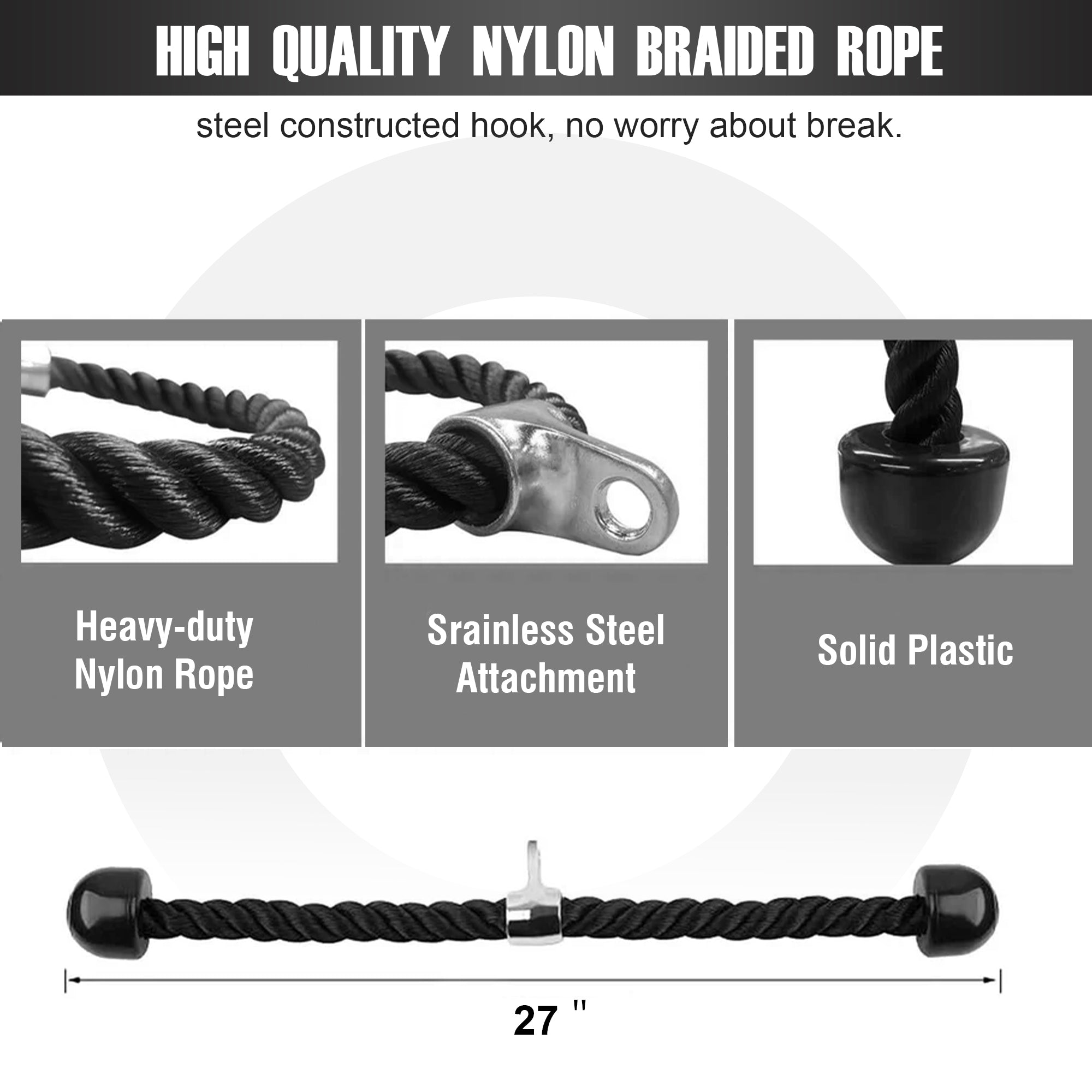 MEGASTAR Strength Workout Set featuring a 27-inch heavy-duty nylon braided rope with a stainless steel attachment and solid plastic ends, designed for durability and strength training without the worry of breakage.