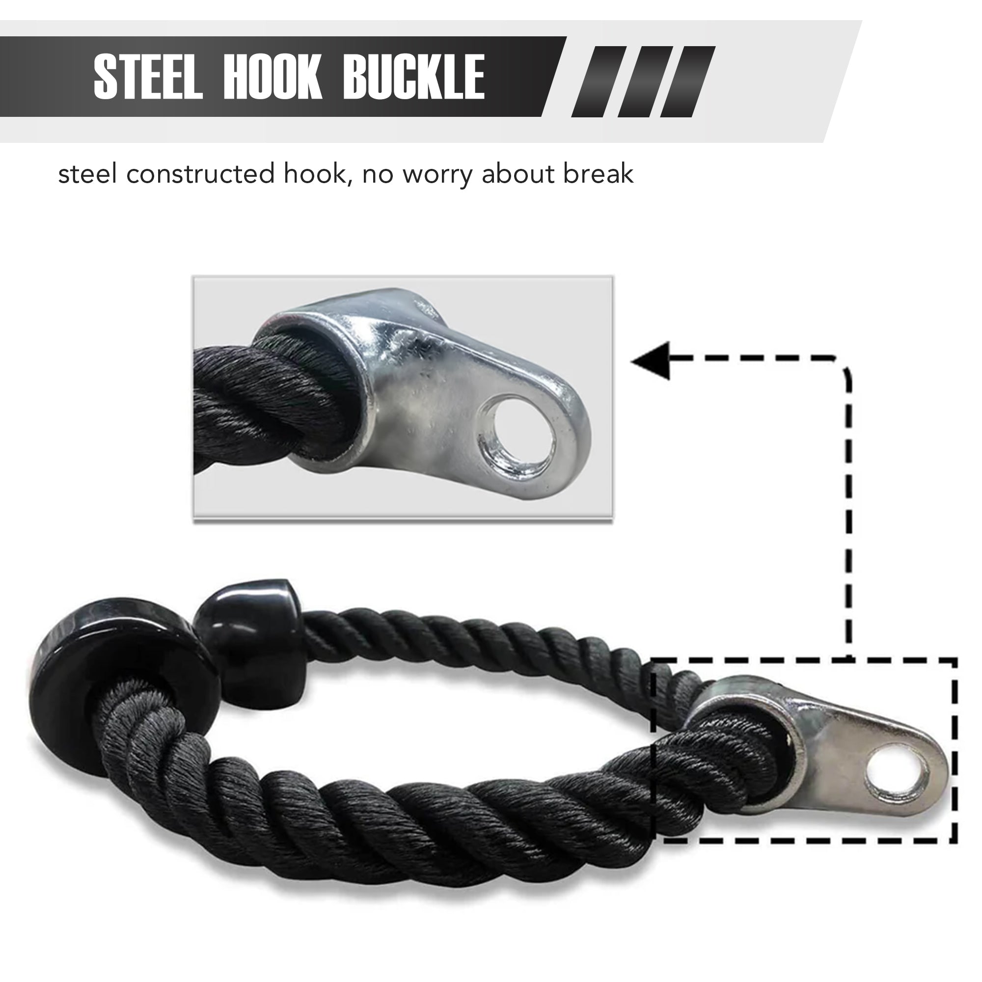 Steel hook buckle designed for durability, ensuring no breakage. Features a heavy-duty nylon rope with a strong, secure attachment for reliable performance.