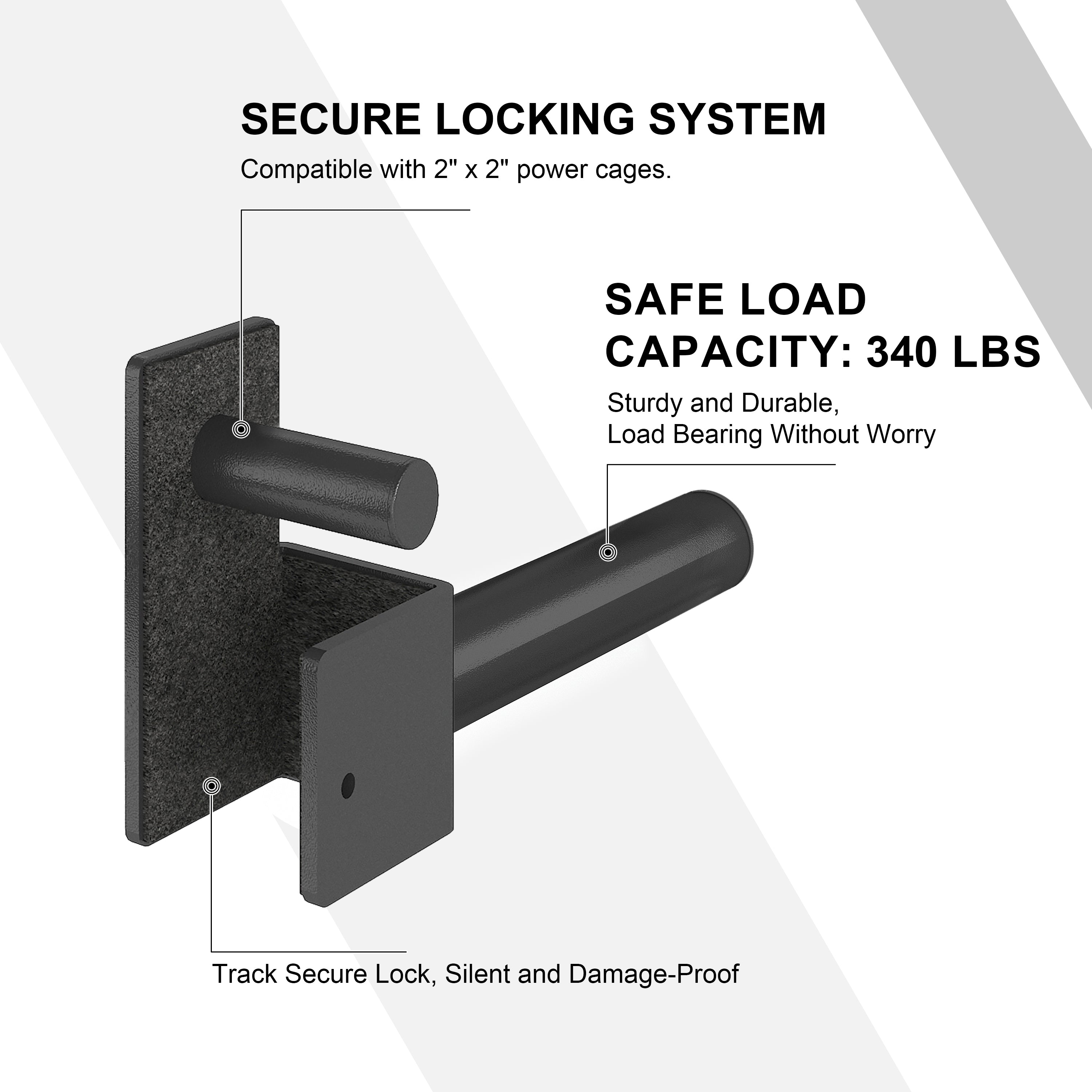 Weight plate holder with secure locking system, fits 2"×2" racks, 340 lb load capacity.