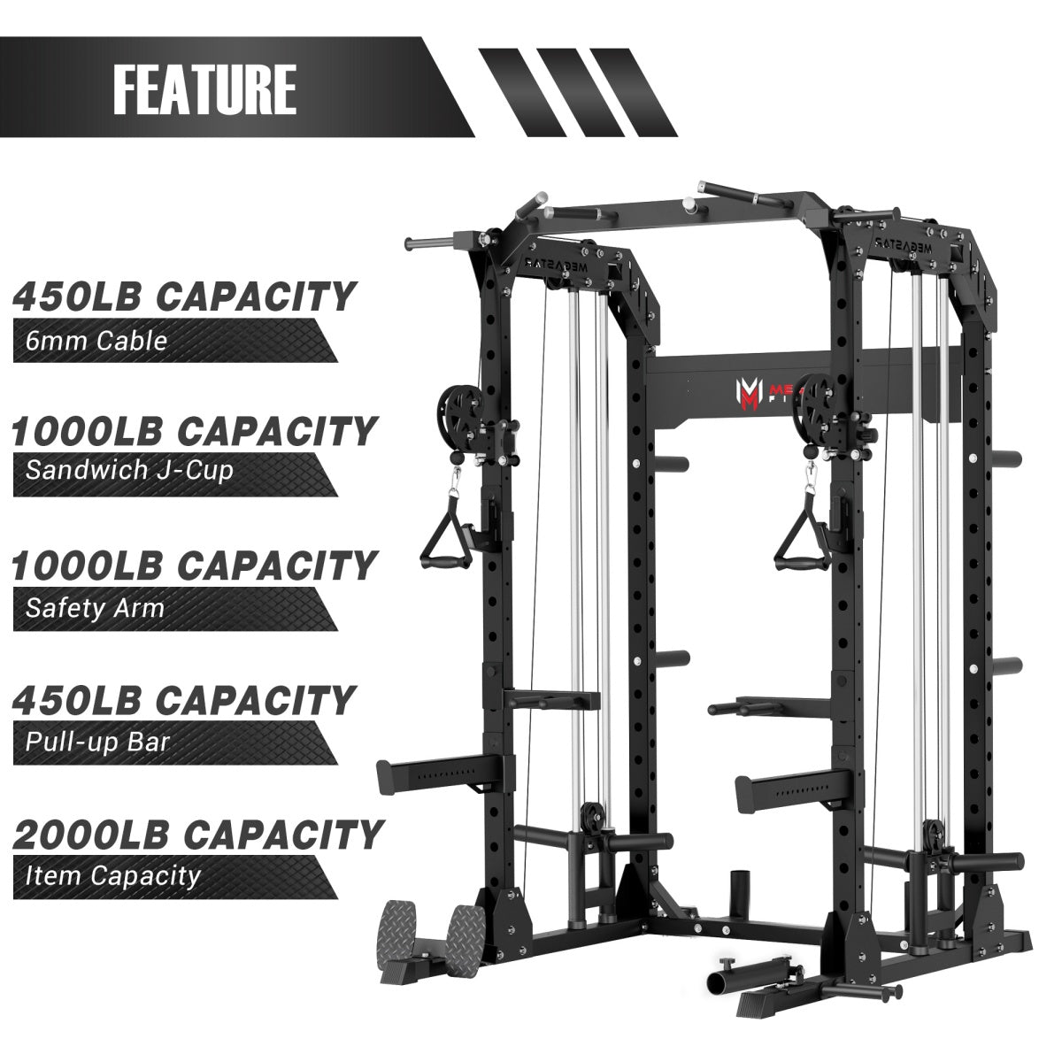 MEGASTAR P63 All-in-one Power Rack** with cable system, featuring a 450LB cable capacity, 1000LB capacity sandwich J-cup, 1000LB safety arm, 450LB pull-up bar, and 2000LB item capacity for versatile home gym workouts.