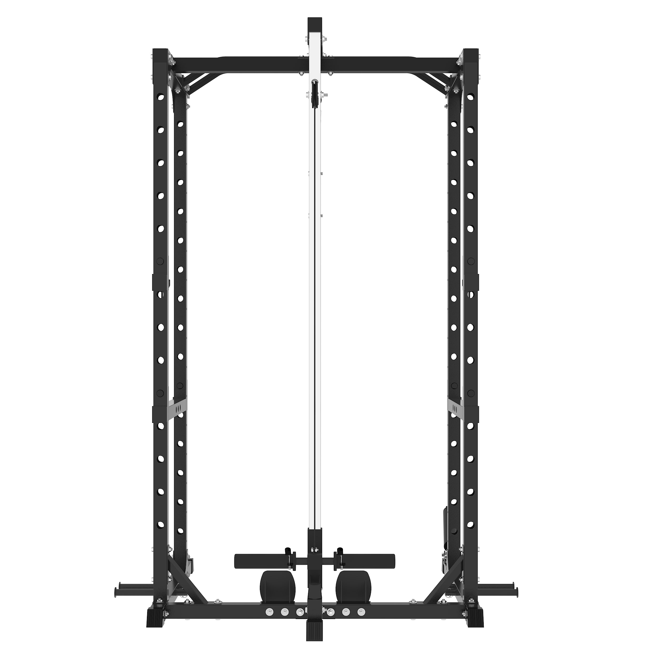 Power cage for home gym with adjustable cable system and barbell hooks for strength training exercises.