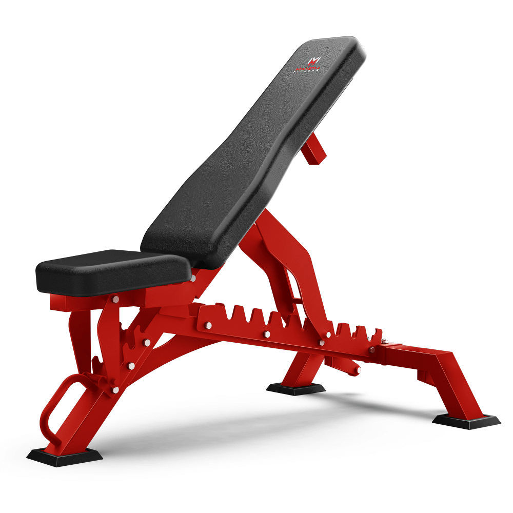 Adjustable home gym weight bench with a red frame, designed for use with adjustable weights.