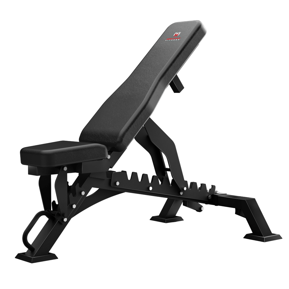 Megastar adjustable home gym weight bench with sturdy black frame and cushioned seating, designed for use with adjustable weights.
