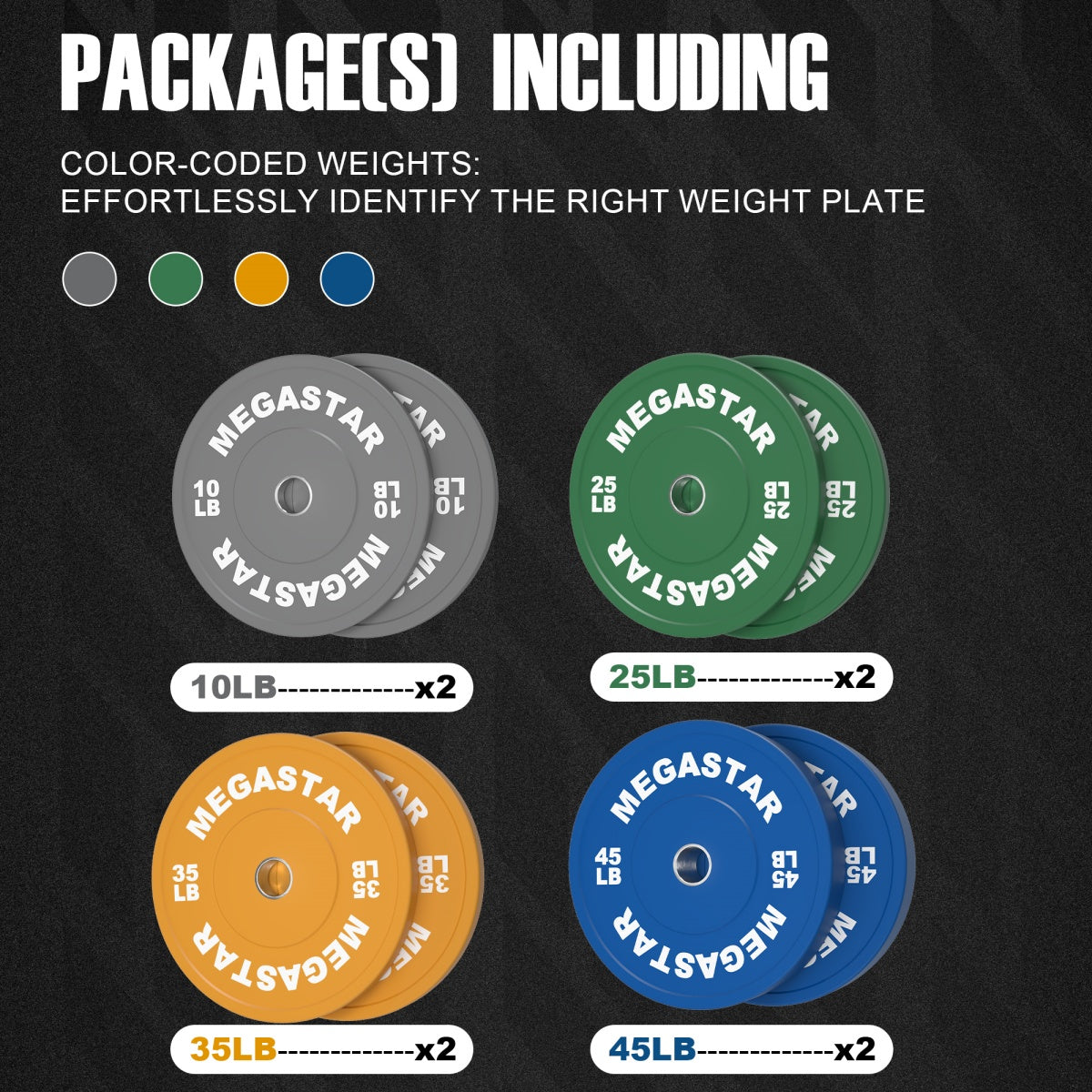 Package includes **MEGASTAR Bounce Bumper Plates** set: 10LB×2 (gray), 25LB×2 (green), 35LB×2 (yellow), 45LB×2 (blue), color-coded for easy ID.