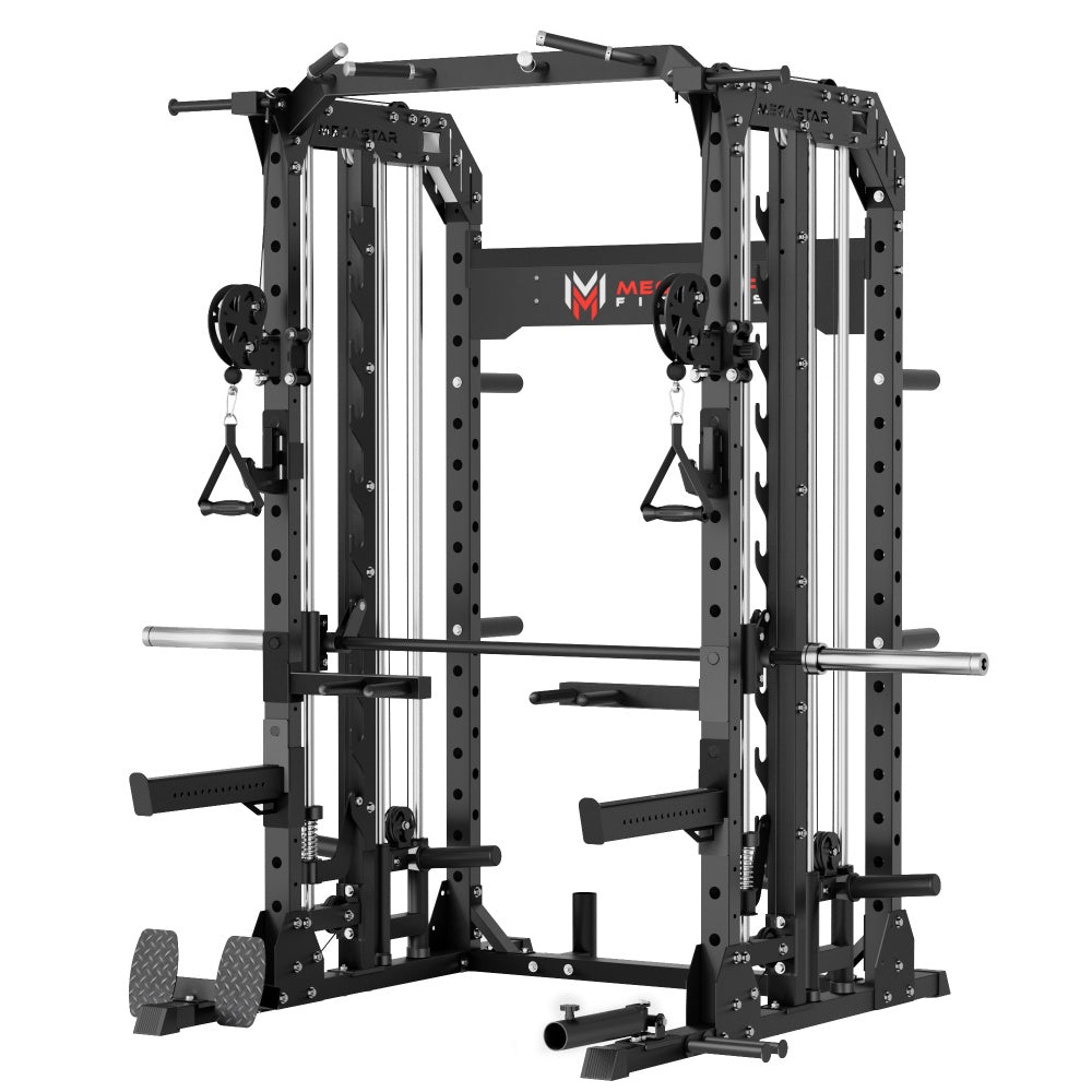 MEGASTAR P107 Smith Machine- All-in-One Home Gym Squat Rack with Weight Bar-black