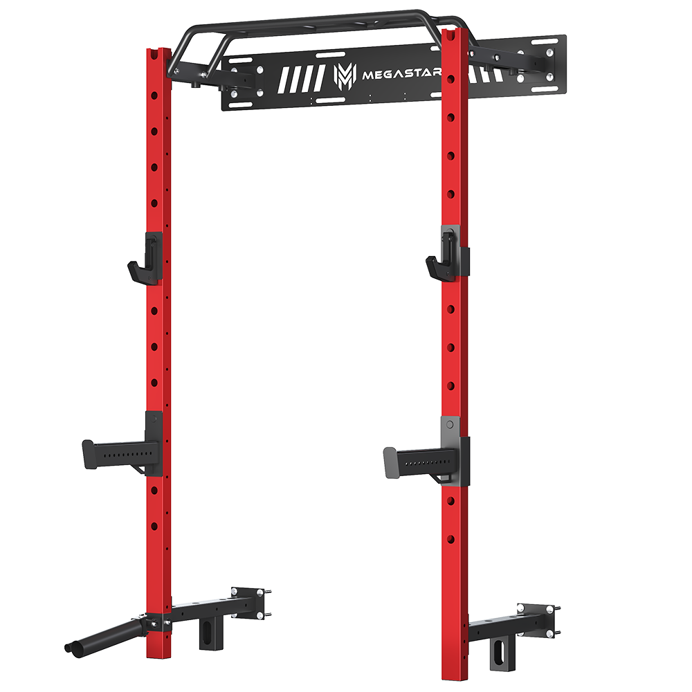 Megastar P55 Power Rack in red, Home Gym Rack—wall-mounted squat rack with multi-grip pull-up bar, J-cups, safety spotter arms, and plate storage pegs.