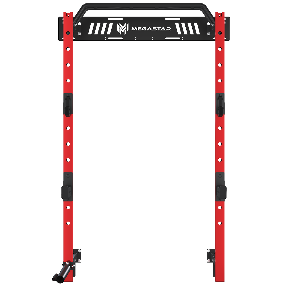 Side view of Megastar P55 Power Rack, Home Gym Rack—wall-mounted uprights with J-cup, spotter arm, and plate storage pegs.