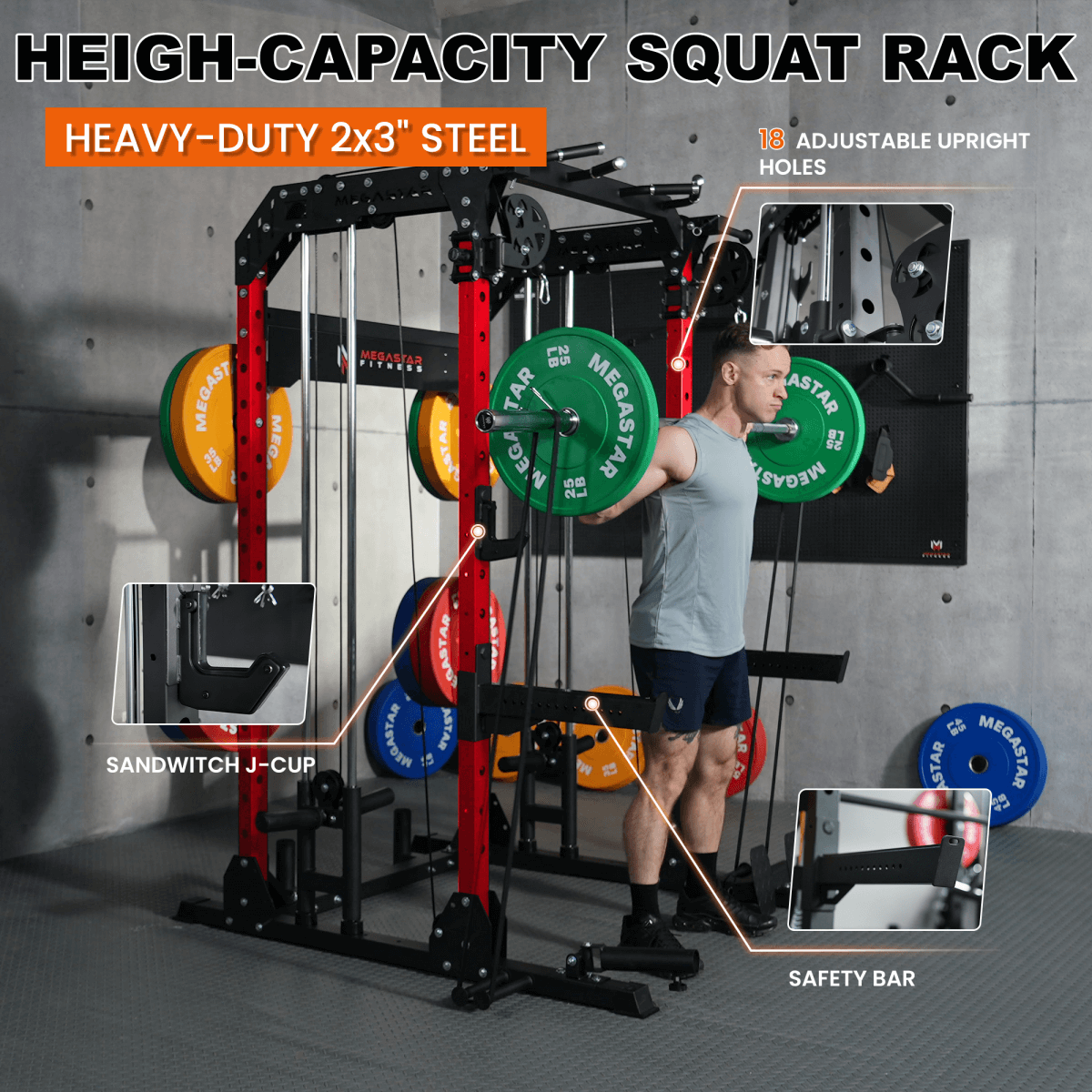 Heavy-duty power rack with 2x3 steel, adjustable uprights, sandwich J-cups and safety bars during a squat.