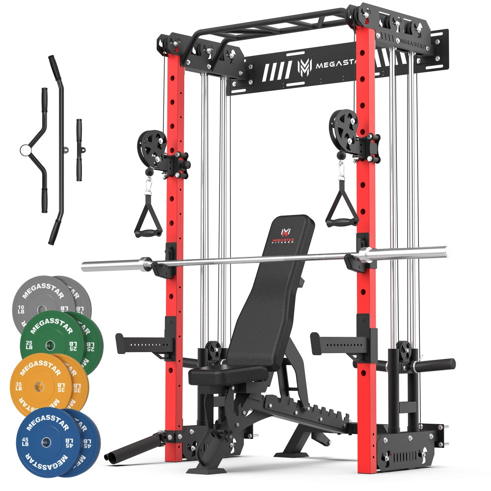 Red all-in-one power rack with Smith bar, cables, bench, and plates — best power rack for home gym.