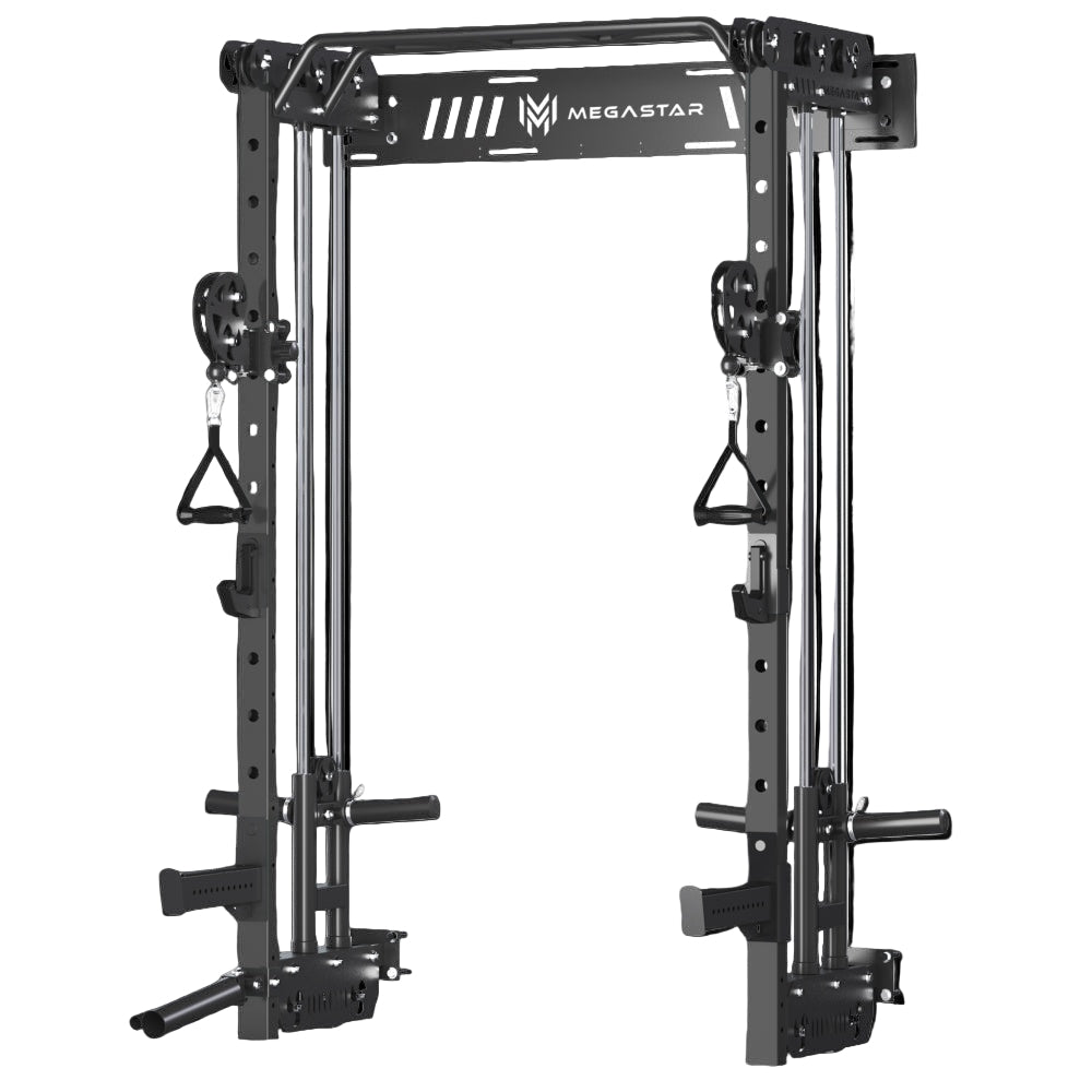 MEGASTAR P67 Wall-Mounted Power Rack with cable crossover system, designed for versatile home gym workouts with adjustable handles for various exercises.