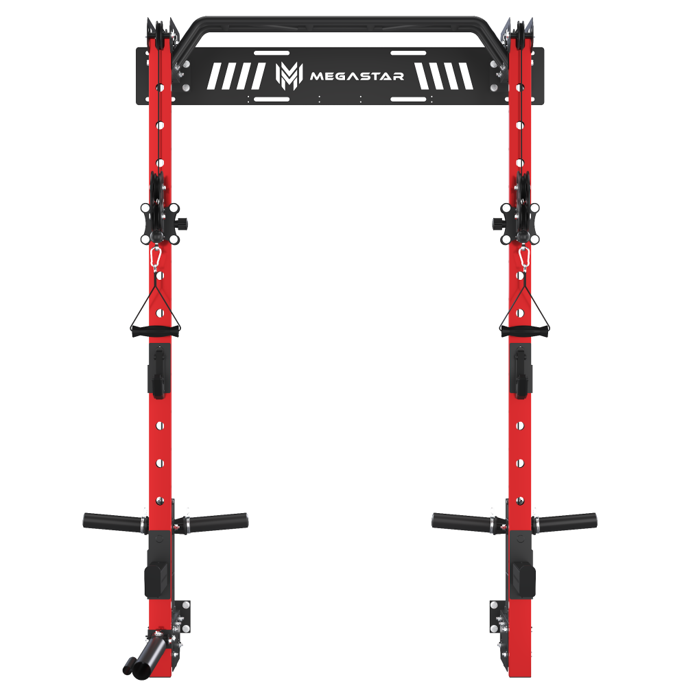 MEGASTAR P67 Wall-Mounted Power Rack with cable crossover system, featuring adjustable pulleys and handles for varied workout options.