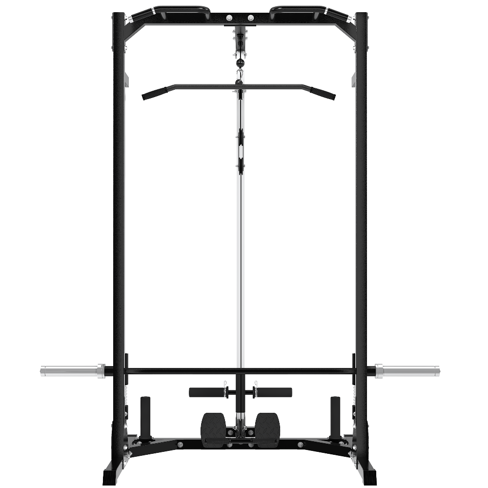 Front view of MEGASTAR P70 Compact Home Gym Smith Machine with guided barbell, pulley system, pull-up handles, foot board, and plate storage.