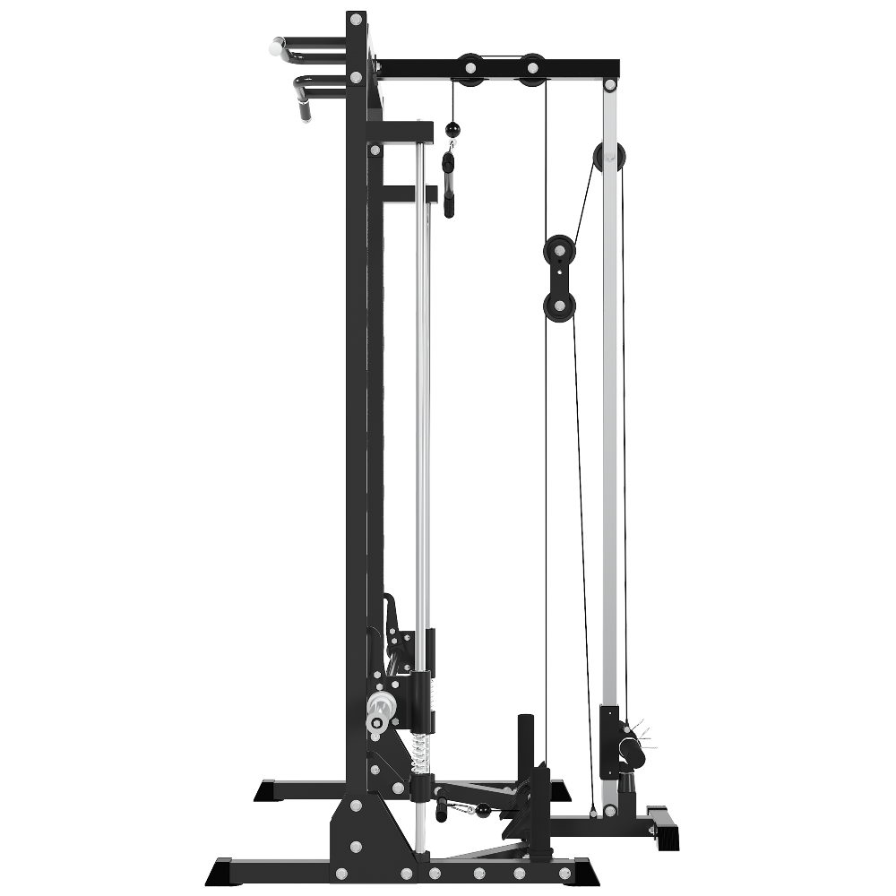 Side view of MEGASTAR P70 Compact Home Gym Smith Machine with guided barbell, cable pulley, foot board, and plate storage.
