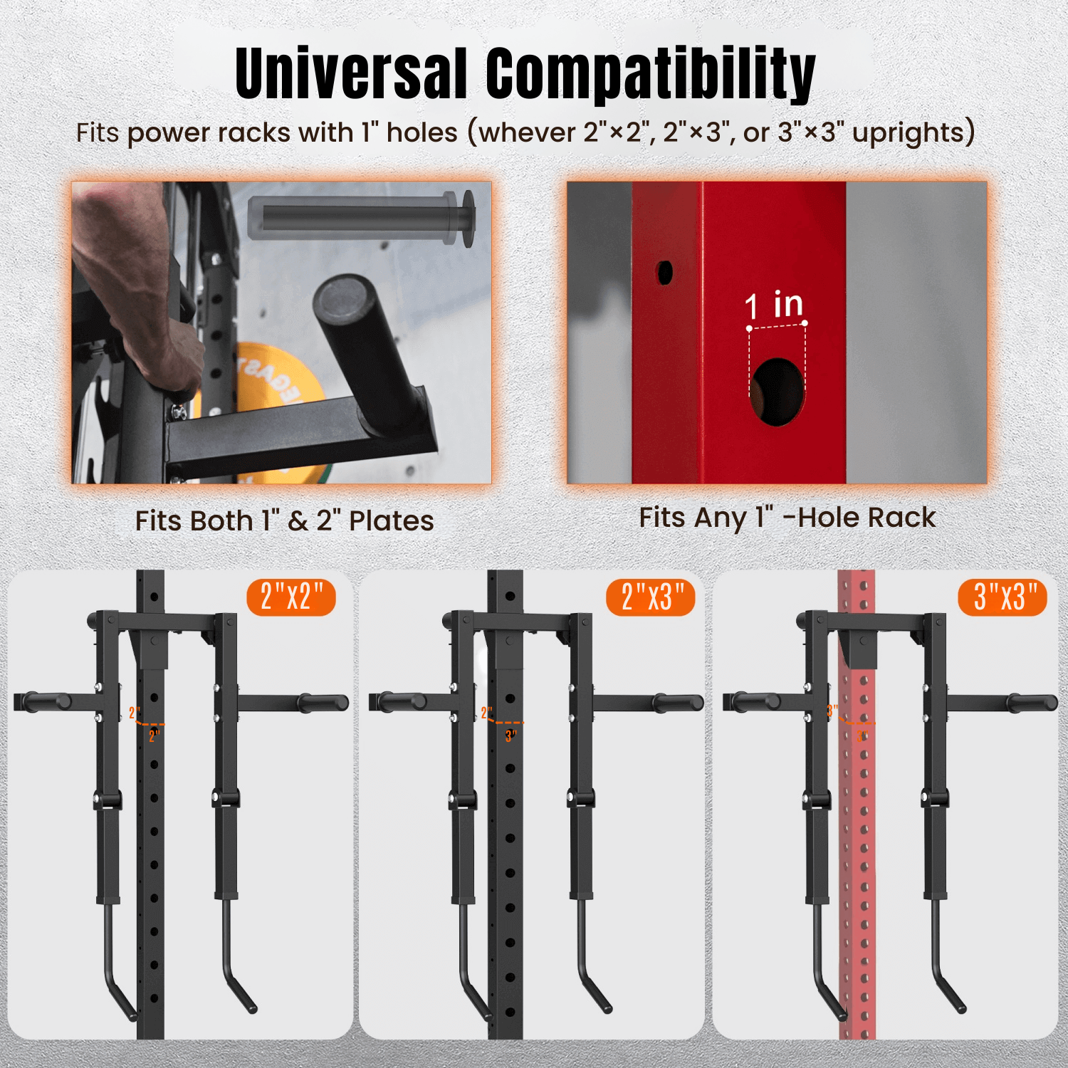 Product features for power rack compatibility with various hole sizes and plate types.