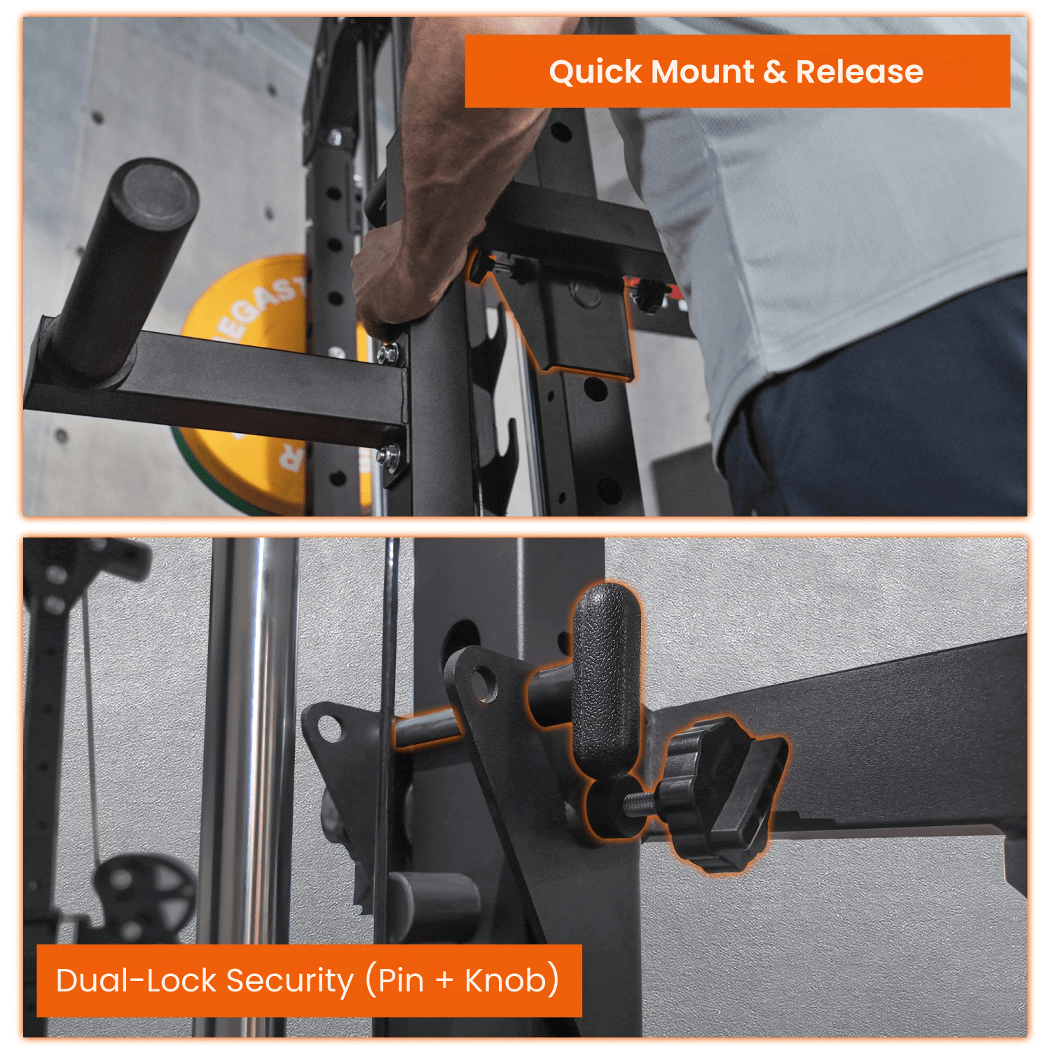 Close-up of a fitness equipment component with quick mount and release feature, dual-lock security, and person partially visible.