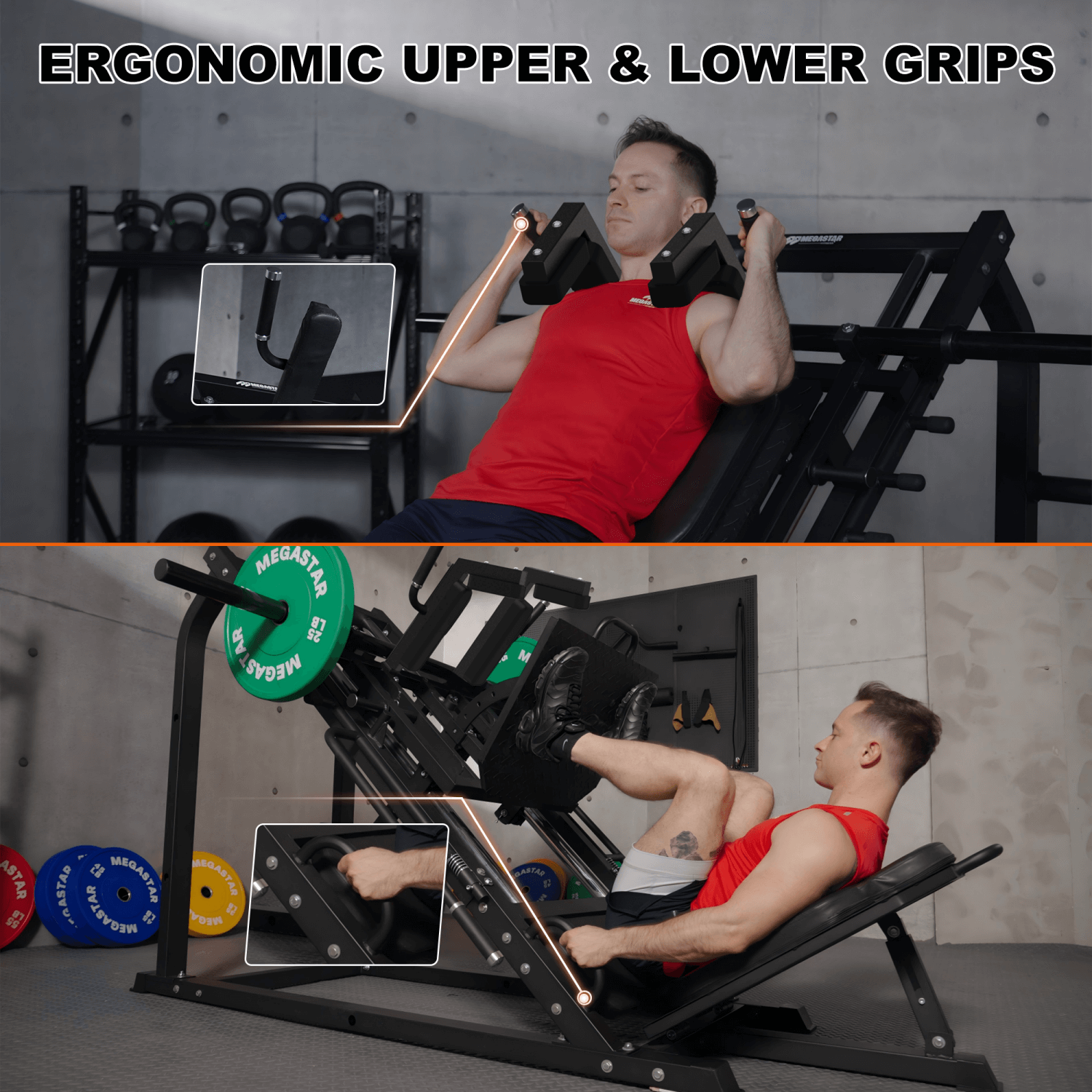Home gym athlete using the MEGASTAR Leg Press Hack Squat Machine with ergonomic upper and lower grips for enhanced control and body shaping workouts.