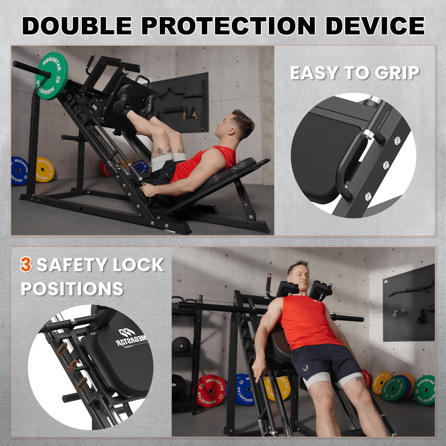 Athlete demonstrating leg press and hack squat exercises on the MEGASTAR Leg Press Hack Squat Machine, featuring ergonomic grips and triple safety lock positions for body shaping and home gym athletes.