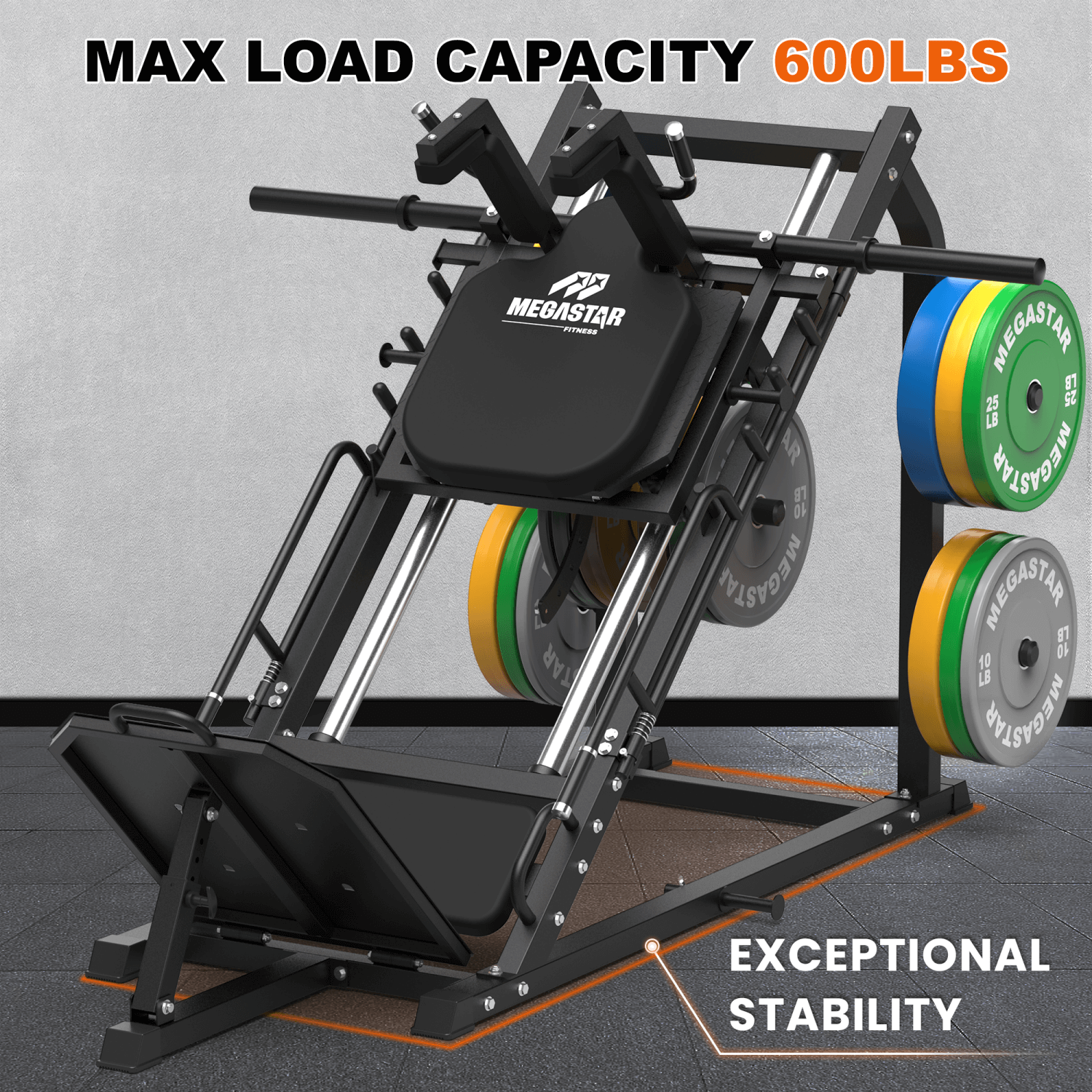 MEGASTAR Leg Press Hack Squat Machine shown fully loaded with plates, highlighting its 600 lbs max load capacity and exceptional frame stability for serious strength training.