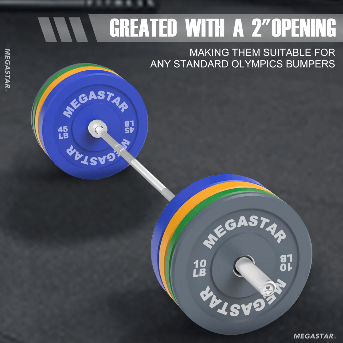 MEGASTAR 7ft 20kg Olympic Barbell with standard 2-inch opening, compatible with any standard Olympic bumper plates, designed for heavy lifting.