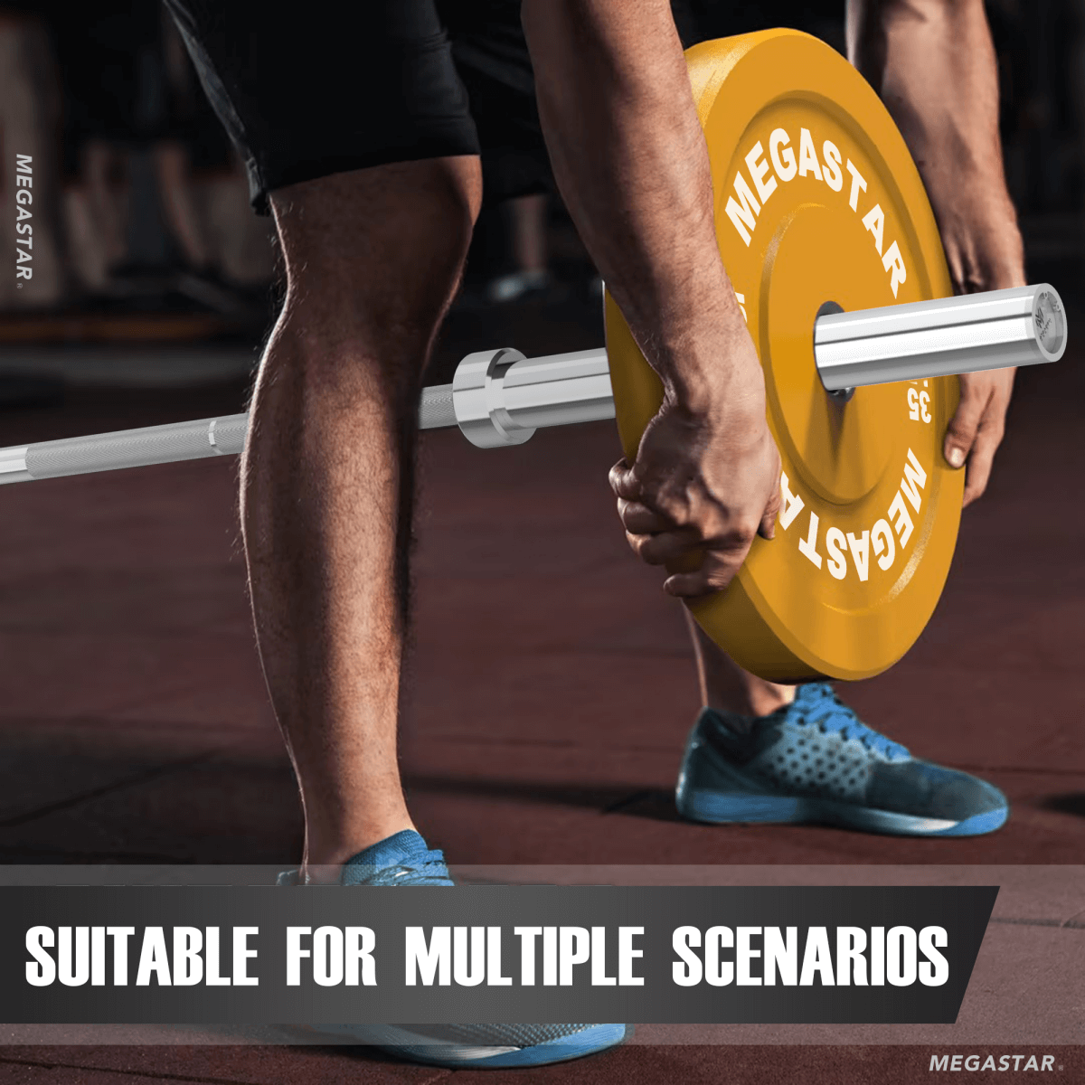 MEGASTAR 7ft 20kg Olympic Barbell, suitable for various weightlifting scenarios, shown with a 35lb MEGASTAR bumper plate.