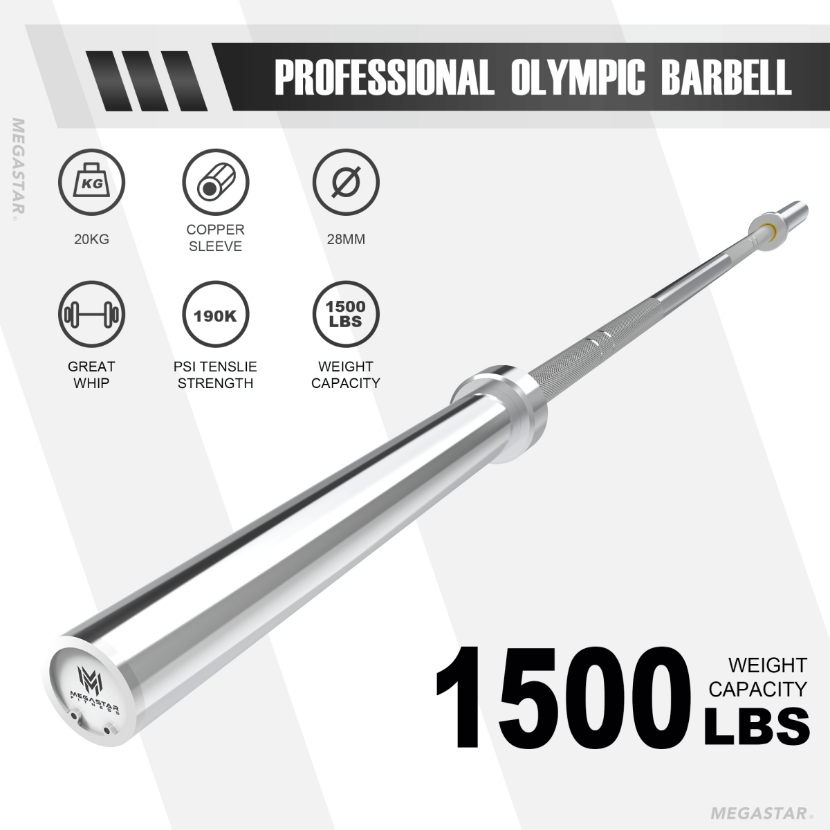 MEGASTAR 7ft 20kg Olympic Barbell, designed for heavy-duty strength training with 1500lbs weight capacity, copper sleeve, and a 28mm diameter for superior performance.