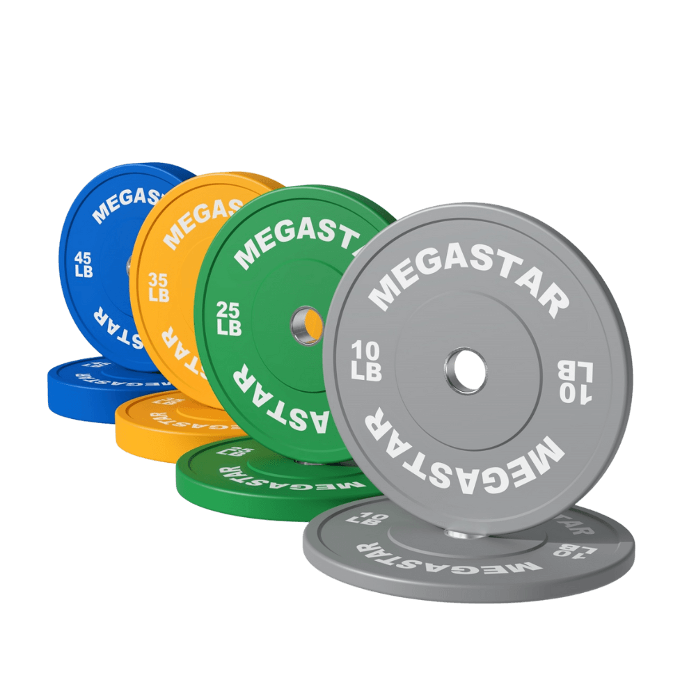 MEGASTAR Bounce Bumper Plates set — 10LB, 25LB, 35LB, 45LB Olympic weight plates in gray, green, yellow, and blue, stacked for home gym and CrossFit training.