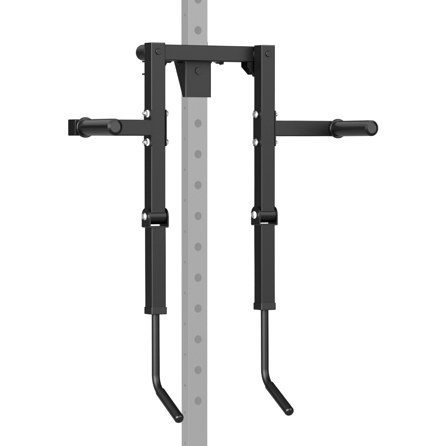 Black lateral raise attachment on a gray metal rack against a white background
