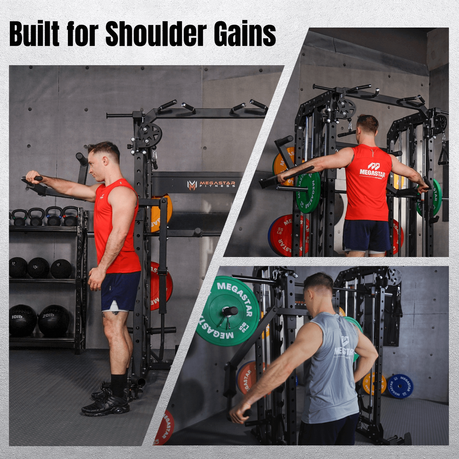 Man using shoulder exercise equipment in a gym setting with text 'Built for Shoulder Gains'.