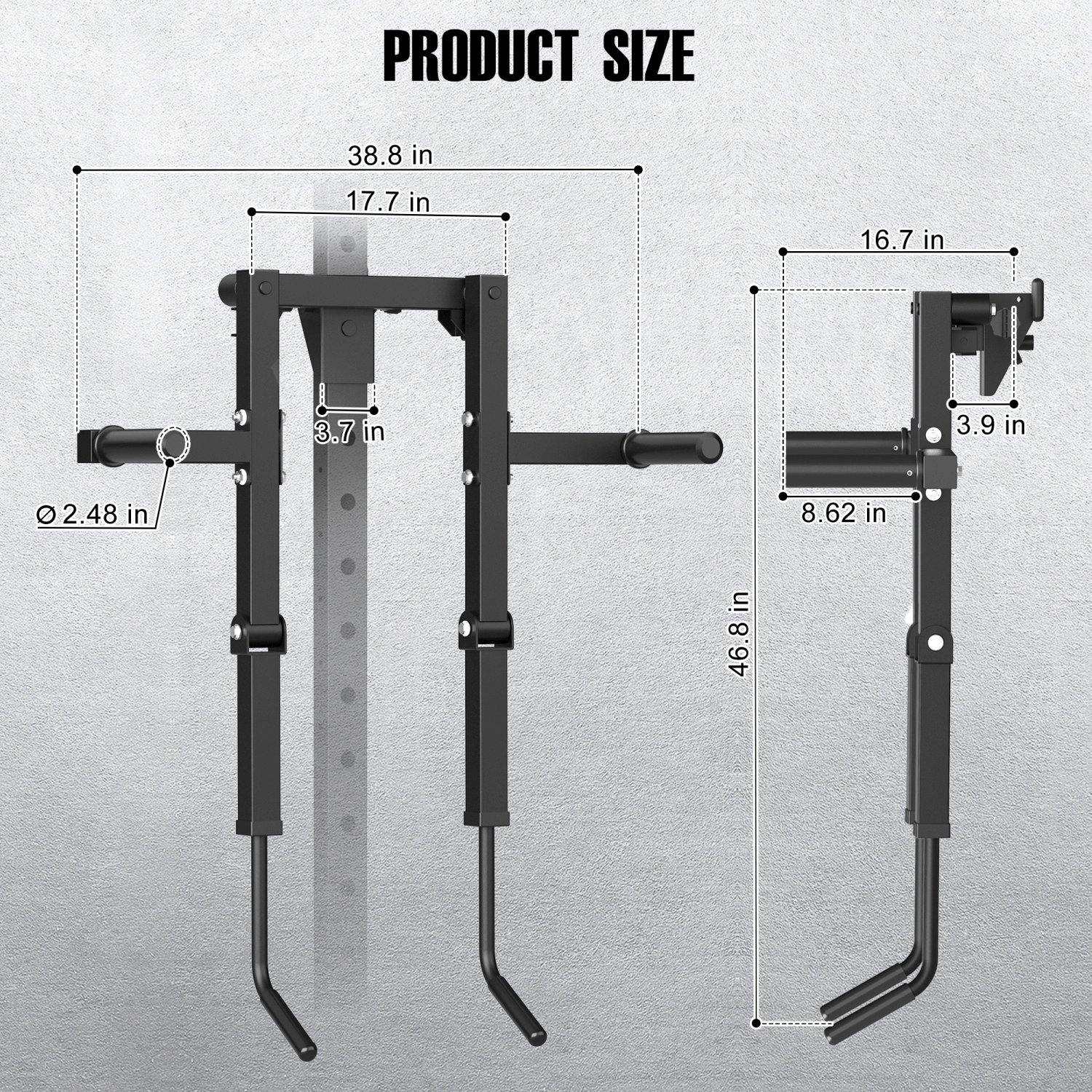 Black lateral raise with dimensions on a gray background