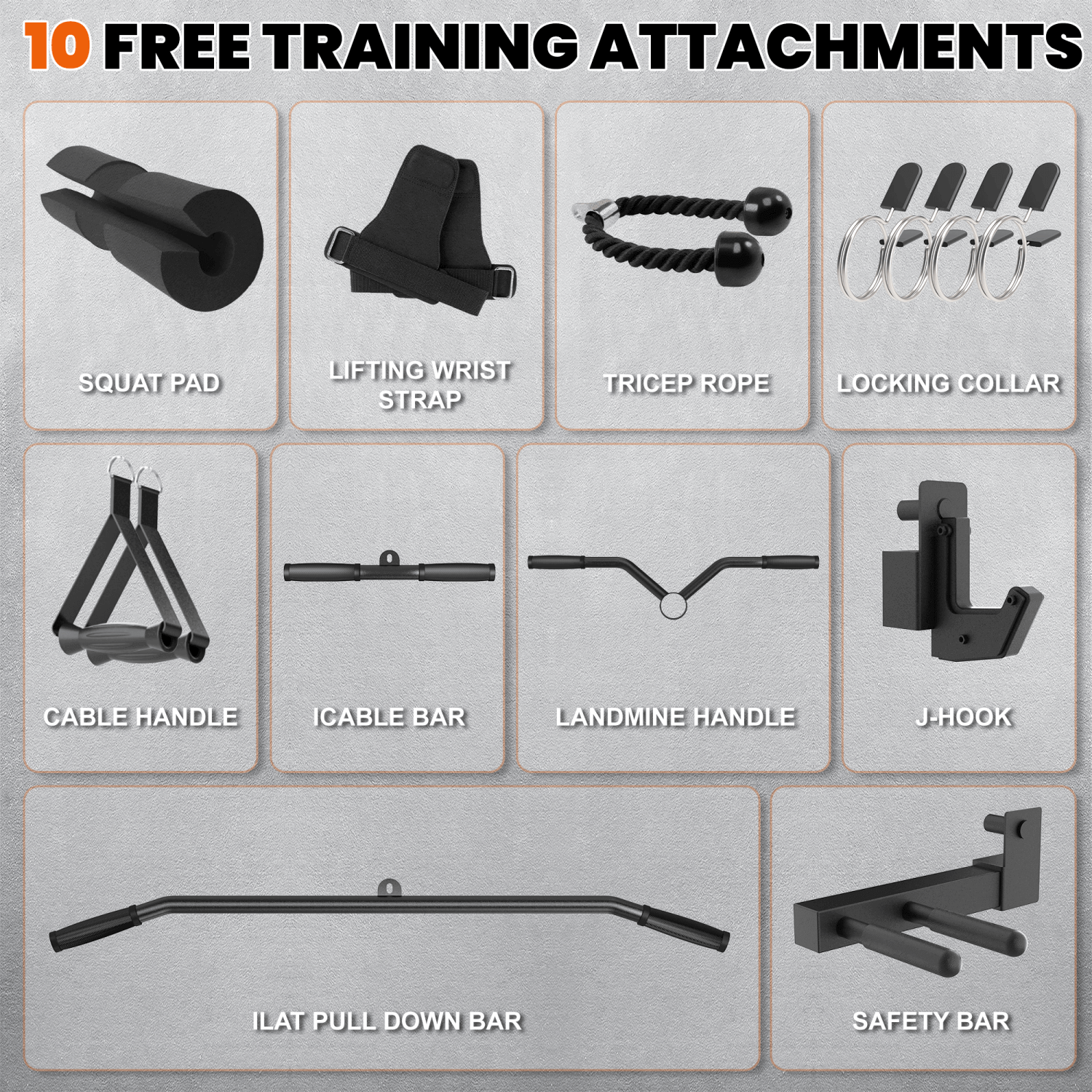 MEGASTAR P107 All-In-One Smith Machine Package – includes 10 free training attachments: squat pad, lifting wrist strap, tricep rope, locking collars, cable handle, straight cable bar, landmine handle, J-hooks, lat pull-down bar, and safety bar.