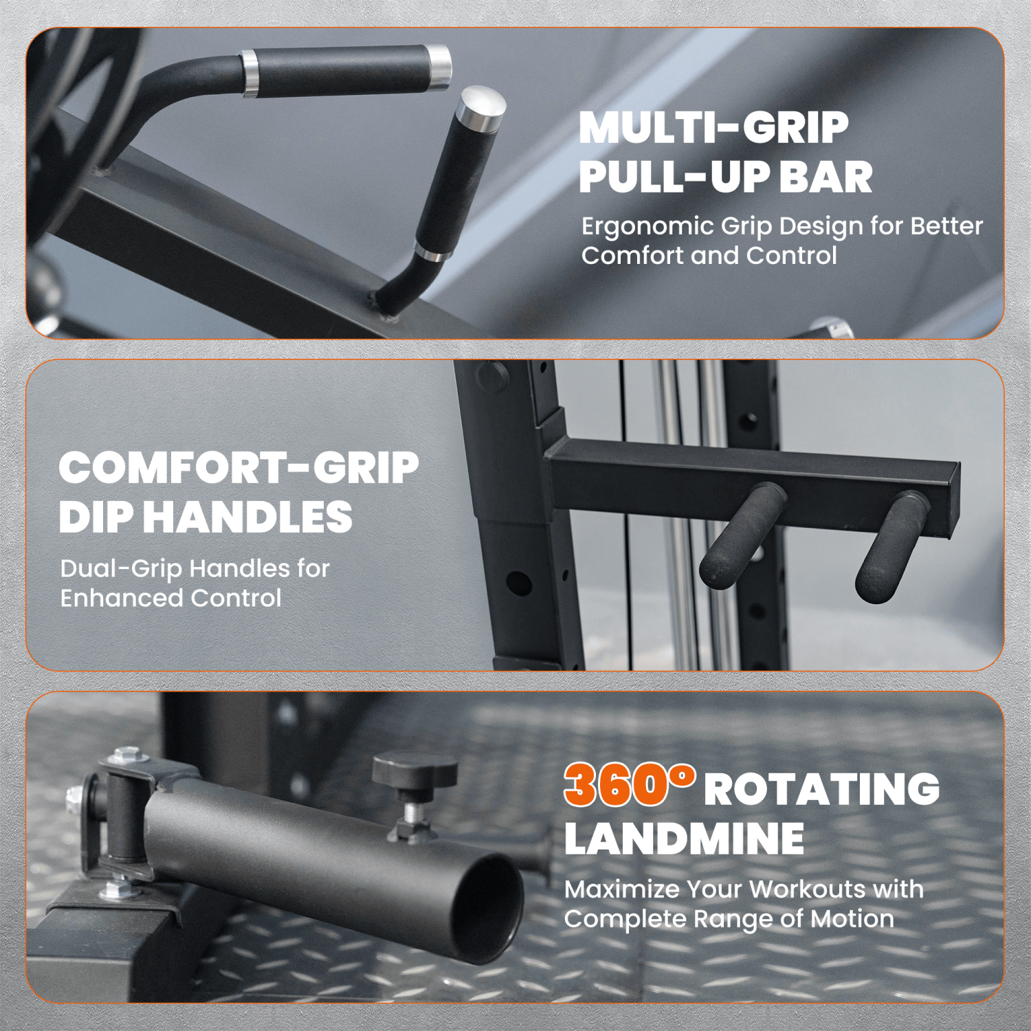 MEGASTAR P107 All-In-One Smith Machine Package with multi-grip pull-up bar, comfort-grip dip handles, and a 360° rotating landmine attachment.