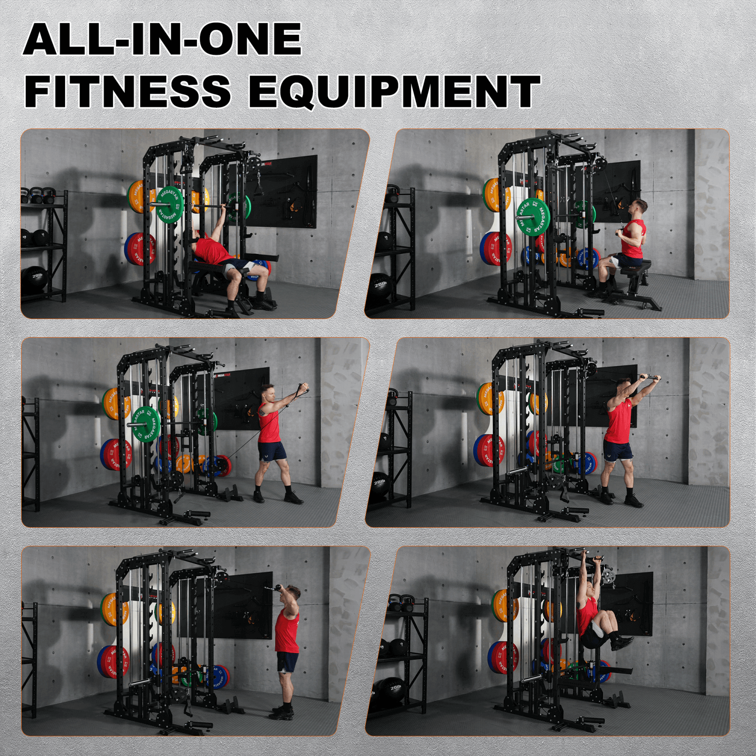 MEGASTAR P107 All-In-One Smith Machine Package demonstrating full-body training: bench press, seated row, cable fly, triceps pushdown, shoulder press, and pull-ups.