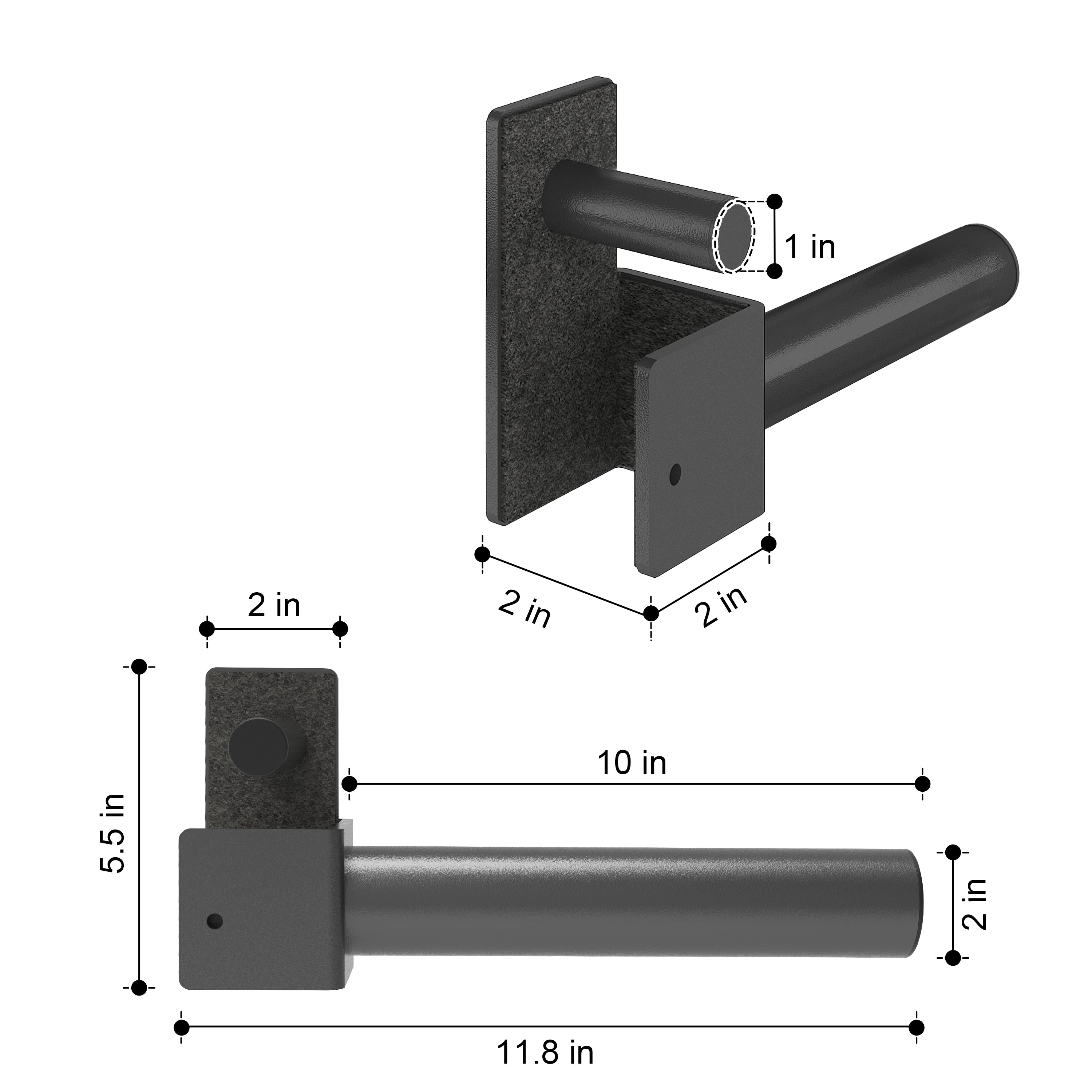 Weight plate holder dimensions diagram—rack-mount steel storage peg (11.8 in overall length, 10 in usable peg, 2 in tube diameter, 5.5 in height, 2×2 in bracket).