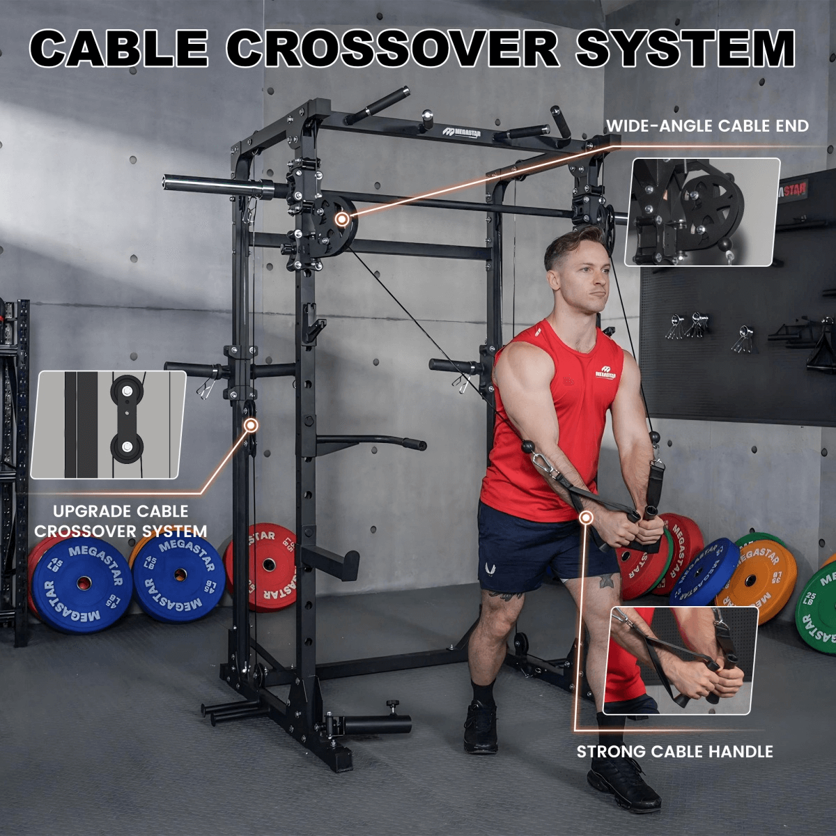 Athlete performing single-arm cable crossover on the Megastar T35 All-in- one Home Gym Smith Machine with Cable Crossover System for Strength Training, showing upgraded track and wide-angle cable end.