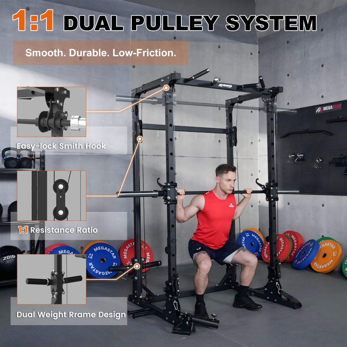 Athlete performing squats on the Megastar T35 All-in- one Home Gym Smith Machine with Cable Crossover System for Strength Training, showing 1:1 dual pulley and easy-lock hooks.