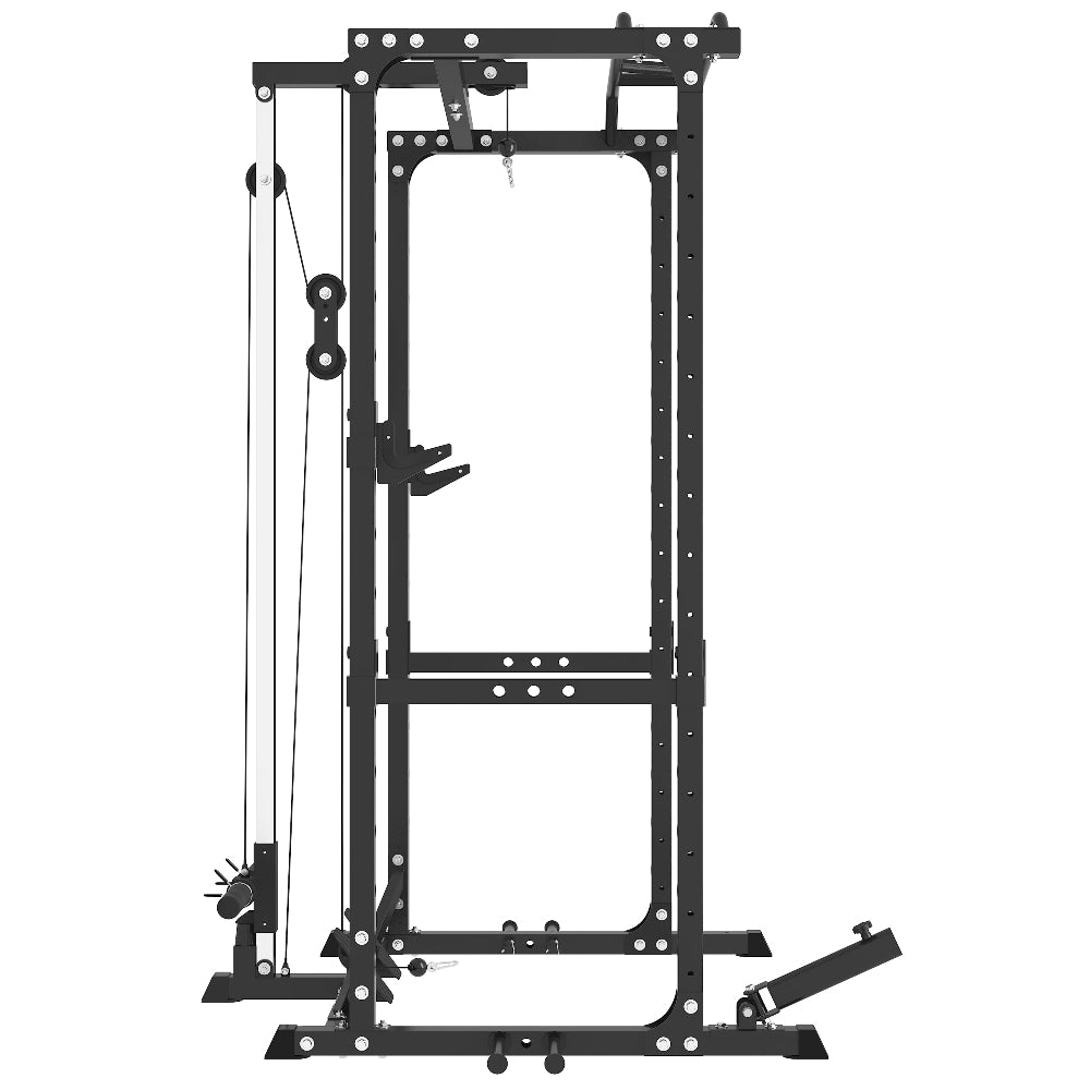Power cage with a lat pulldown attachment, designed for home gyms, featuring adjustable hooks and a cable system for various strength exercises.