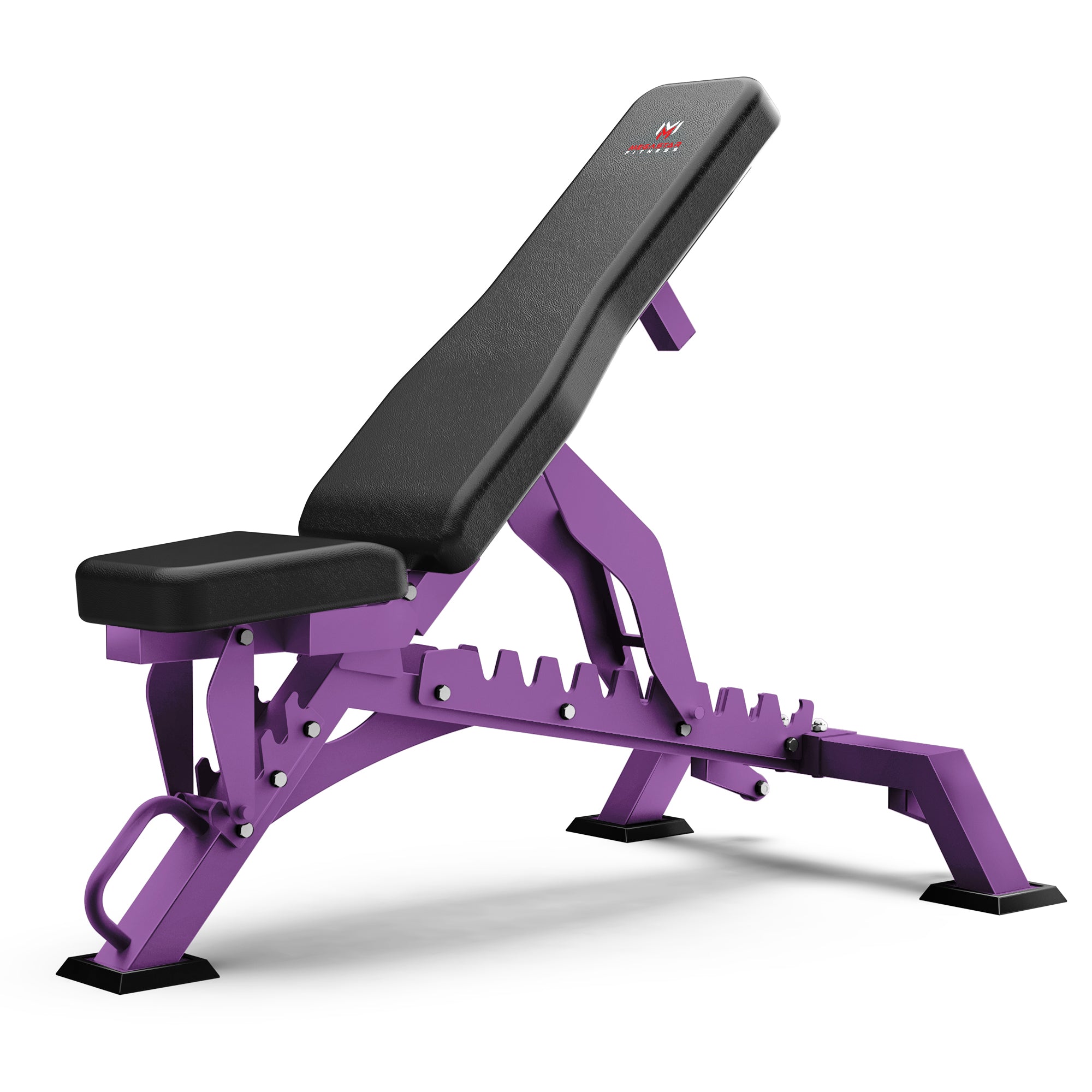 Adjustable home gym weight bench with a purple frame, designed for use with adjustable weights.