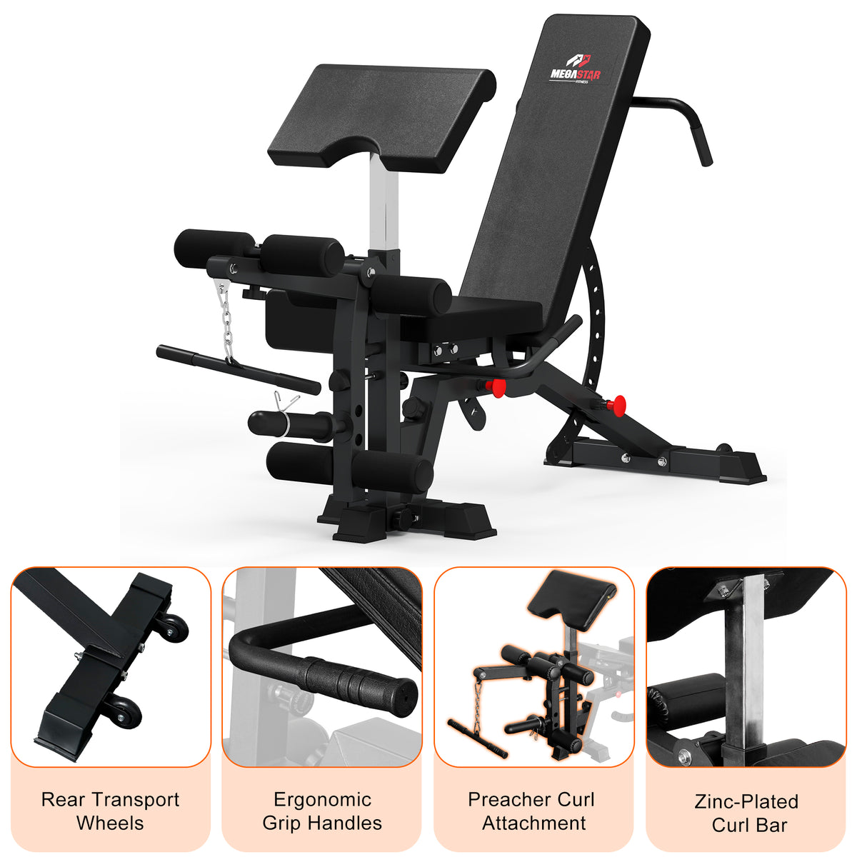Multi-Functional FID Adjustable Weight Bench with Leg Developer & Preacher Curl
