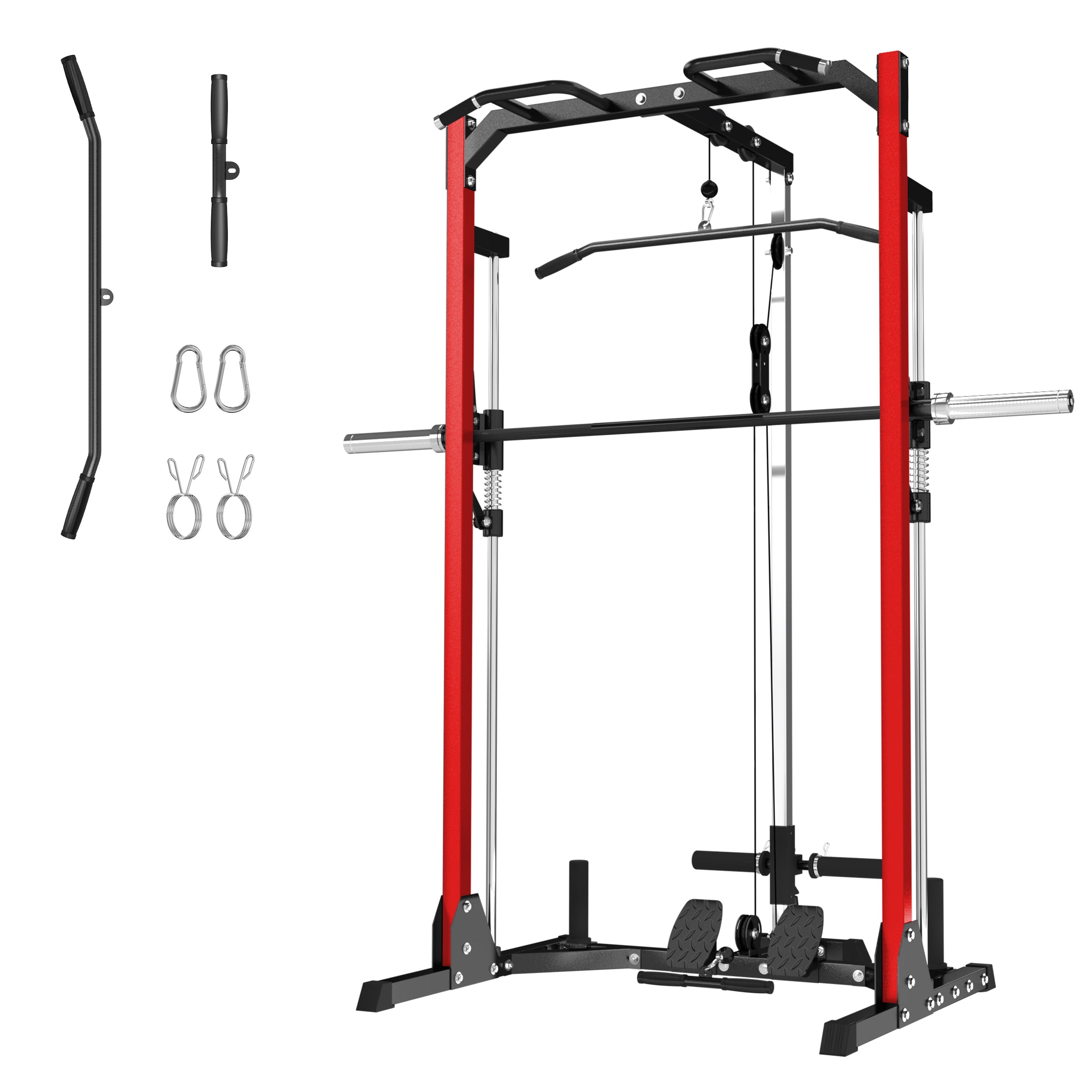 MEGASTAR P70 Compact Home Gym Smith Machine in red, featuring cable pulley, multi-grip pull-up bar, lat bar, foot board, plate storage, and accessories.