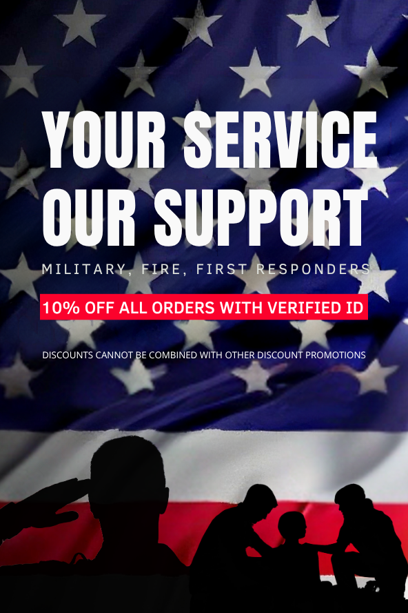 Promotional graphic with American flag and silhouettes of military personnel, featuring text about discounts for military, fire, and first responder customers.