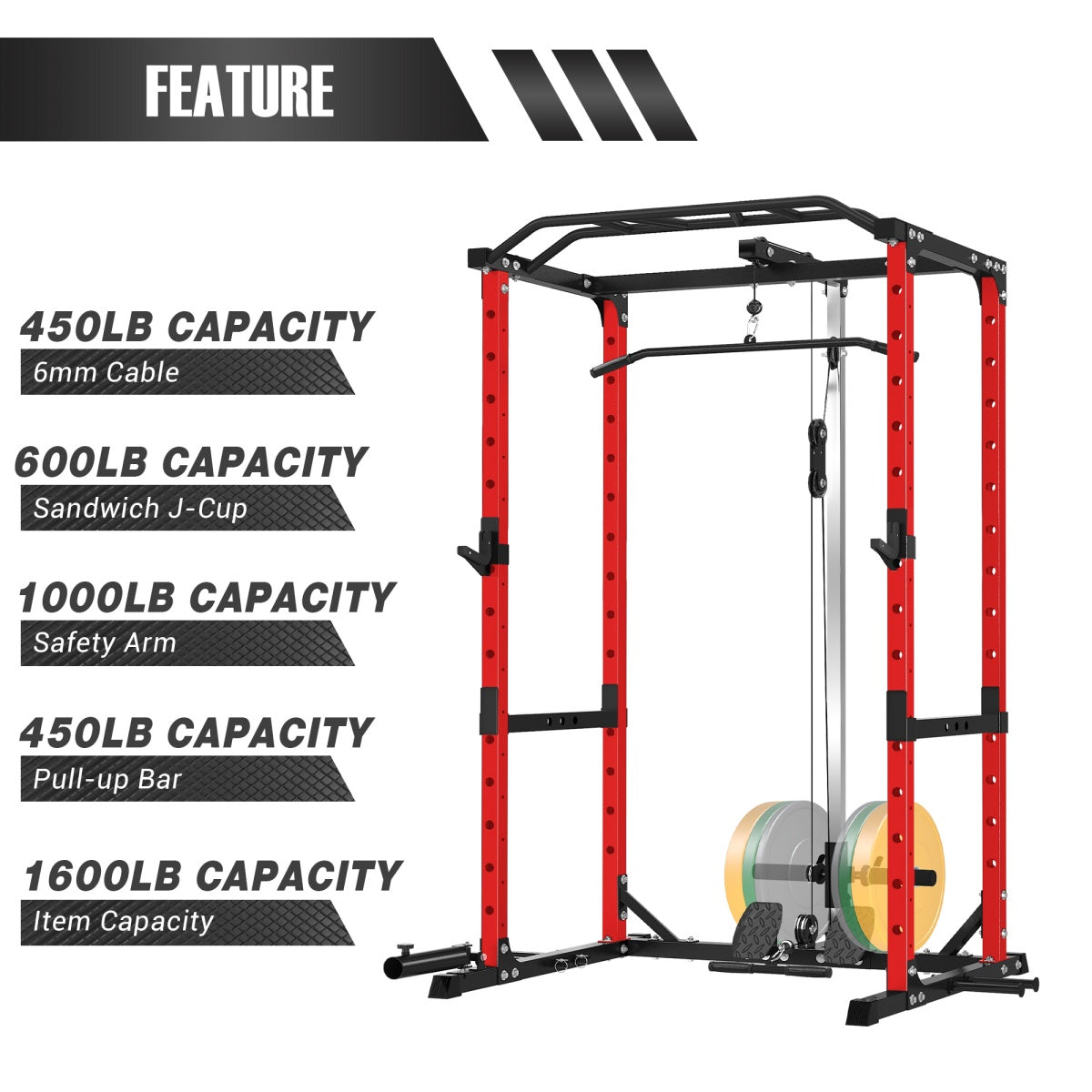 Feature graphic of a red power cage, home gym equipment with cable pulley, pull-up bar, J-cups, safety arms, and capacity ratings up to 1600 lb.