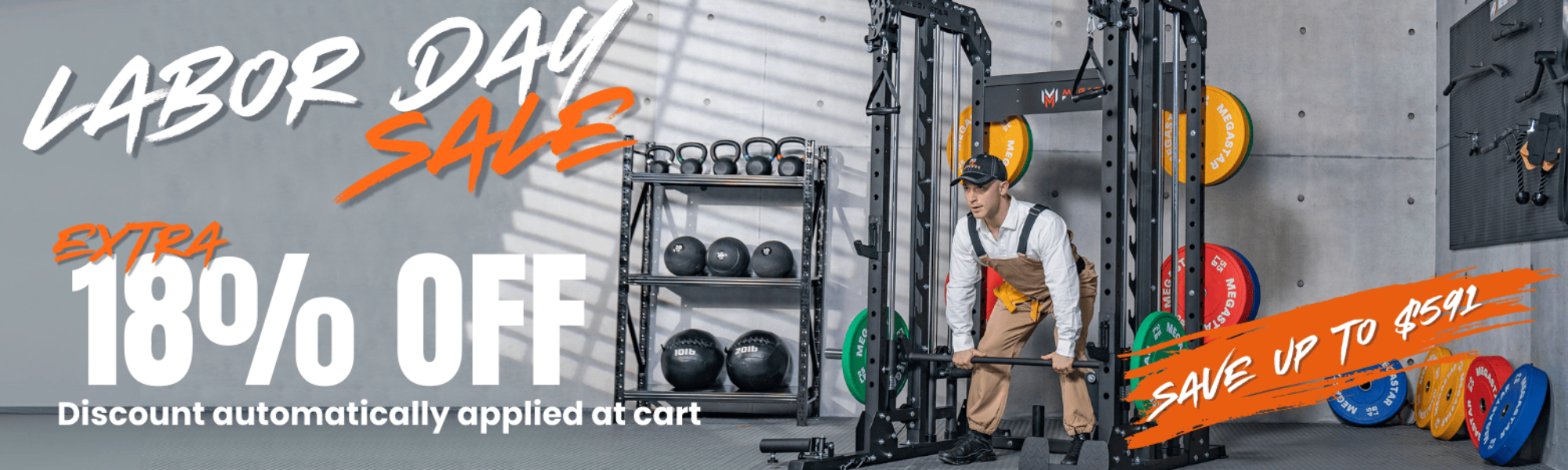 Gym equipment with Labor Day sale text and discount offer on a banner.