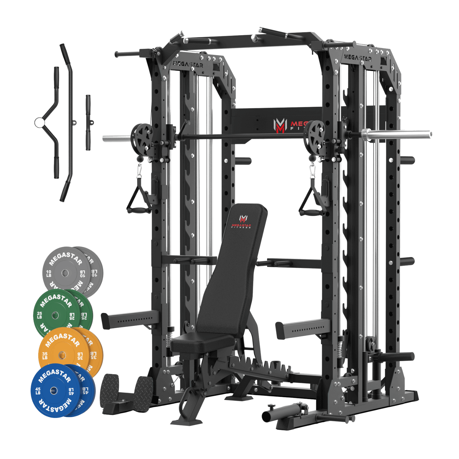 MEGASTAR P107 All-In-One Smith Machine Package featuring adjustable bench, dual pulley functional trainer, Smith bar, and color bumper plates.