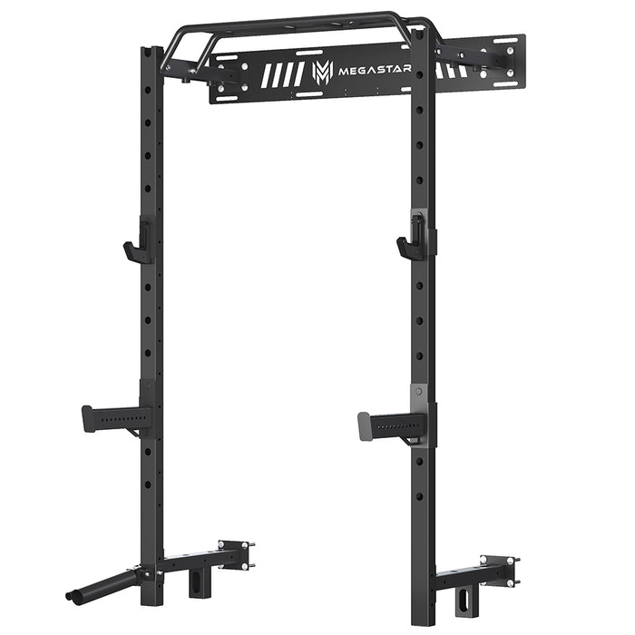 Megastar P55 Power Rack, Home Gym Rack—wall-mounted squat rack with multi-grip pull-up bar, J-cups, safety spotter arms, and plate storage pegs.