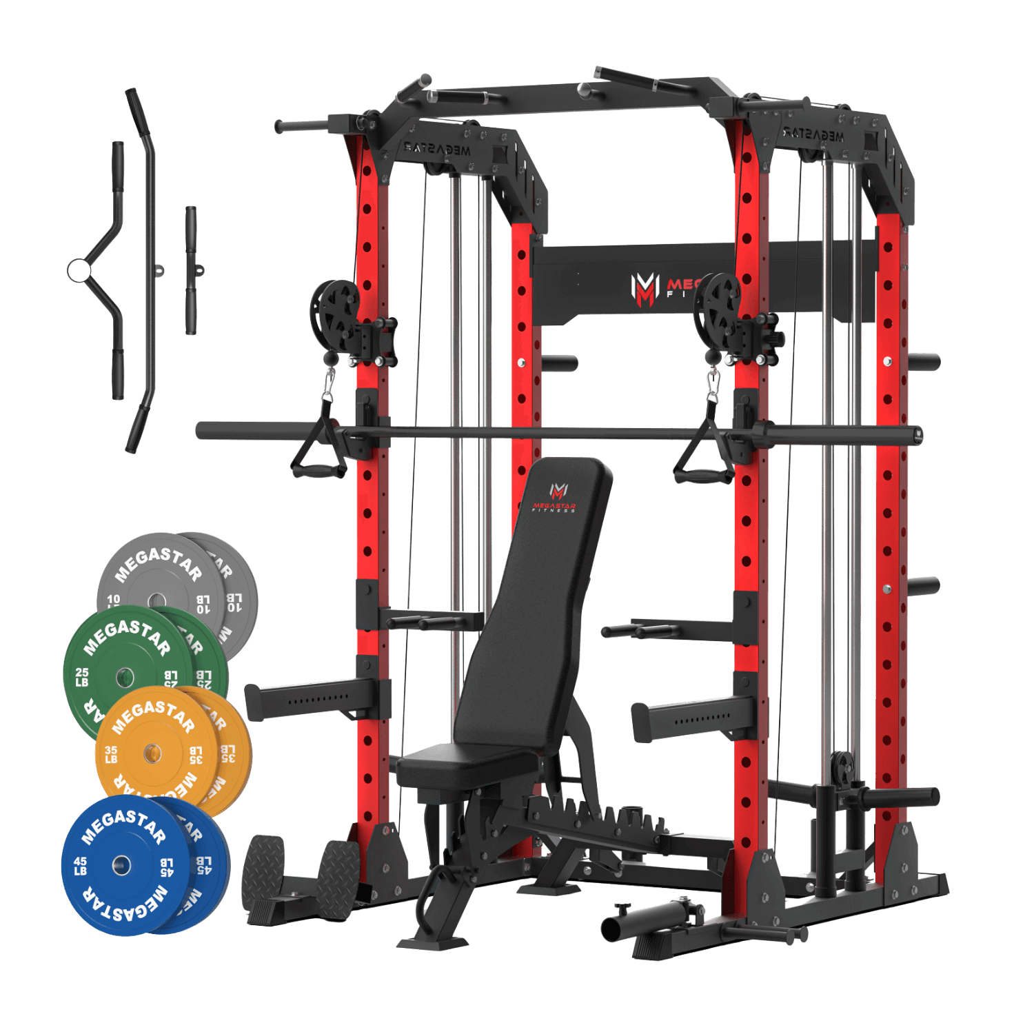 Red and black power rack home gym with integrated Smith machine, dual cable pulleys, adjustable weight bench, and color bumper plates for full-body training.