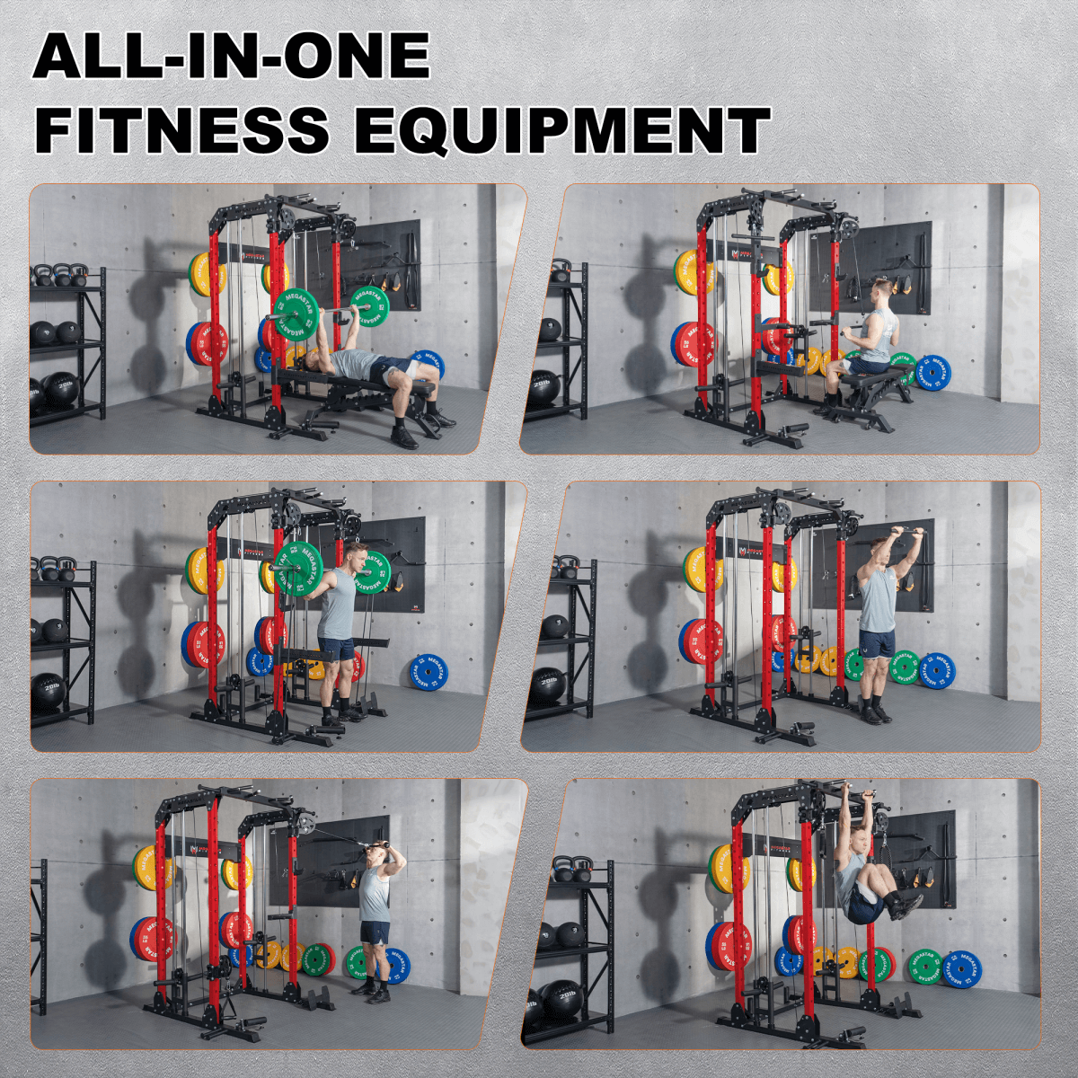 All-in-one power rack home gym collage showing bench press, seated row, squats, shoulder press, triceps pushdown, and hanging leg raises with bumper plates.
