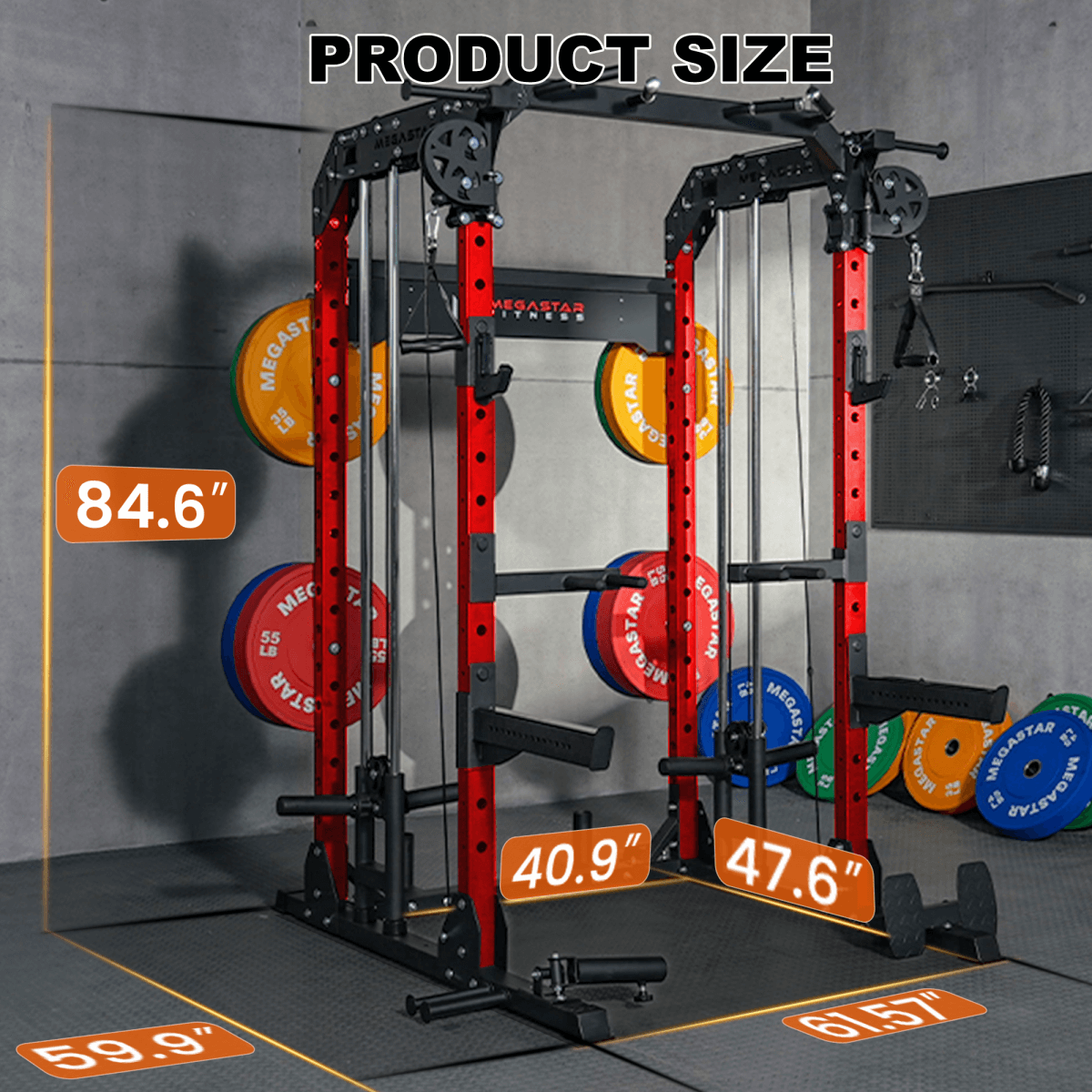 Product size diagram of a power rack home gym, showing a red/black cable rack with bumper plates and labeled dimensions: 84.6" height, 59.9" × 61.5" footprint, and arms at 40.9" and 47.6".