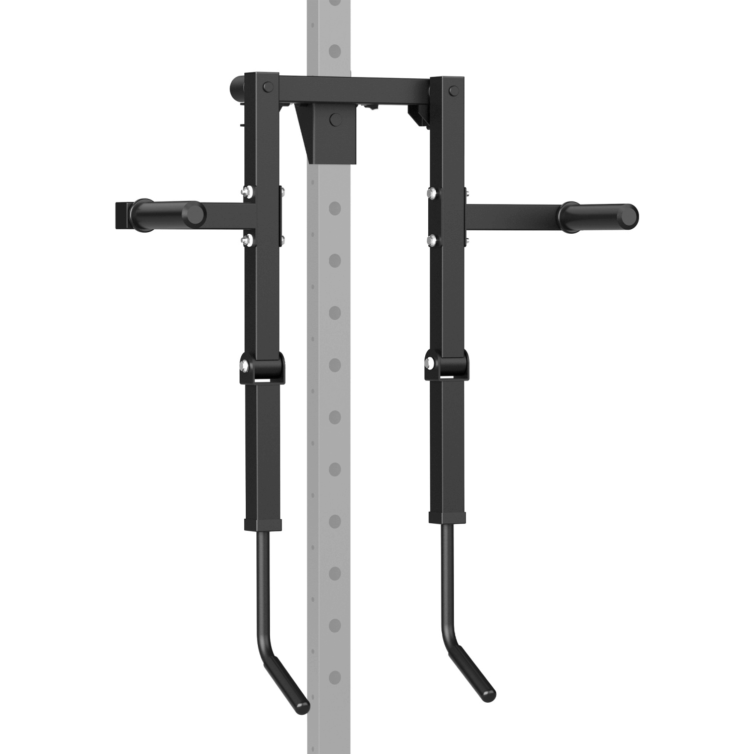Black lateral raise attachment on a gray metal rack against a white background